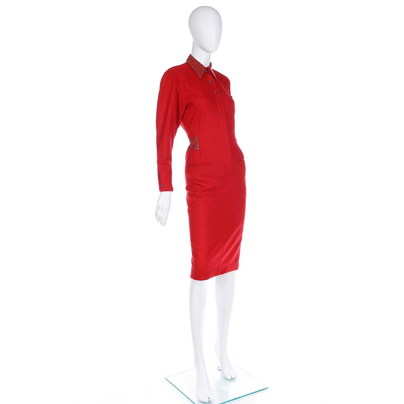 Claude Montana Vintage 1980s Red Wool Studded Dress For Sale 1