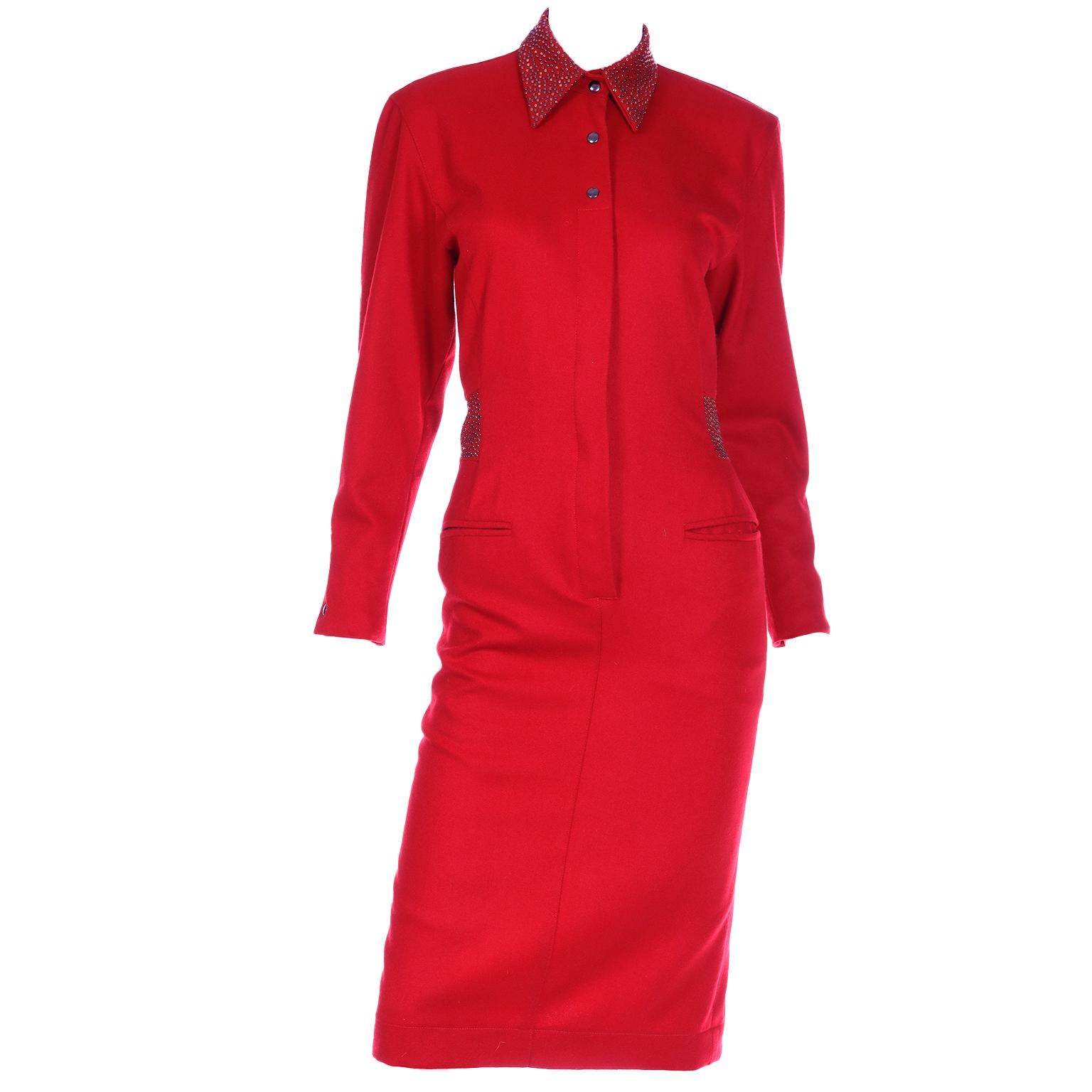Claude Montana Vintage 1980s Red Wool Studded Dress For Sale 2