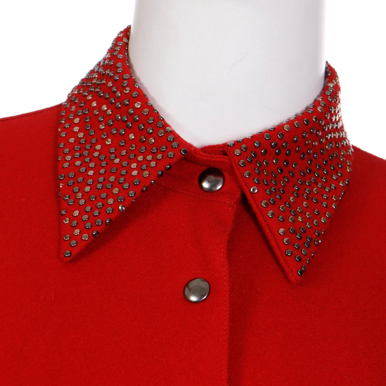 Claude Montana Vintage 1980s Red Wool Studded Dress For Sale 3