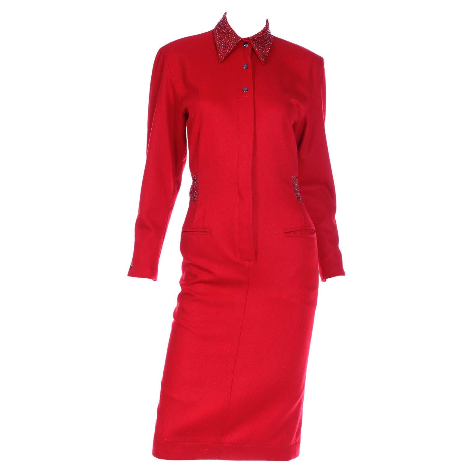 Claude Montana Vintage 1980s Red Wool Studded Dress For Sale