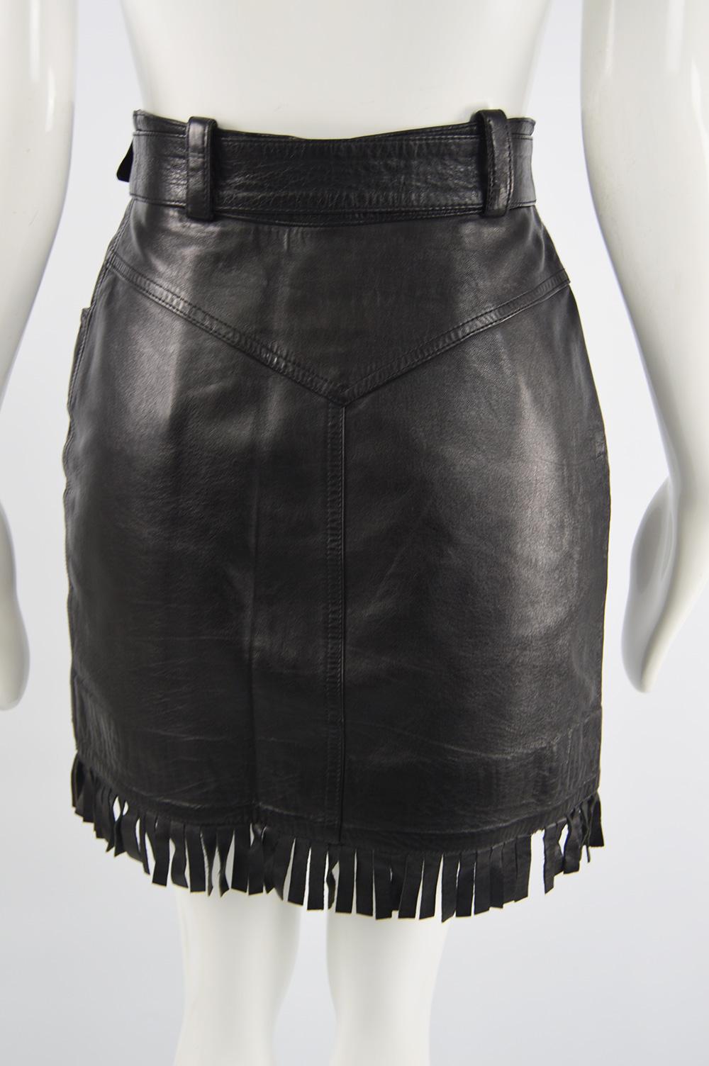 Women's Claude Montana Vintage Black Leather Belted Fringed Western Style Skirt, 1990s For Sale