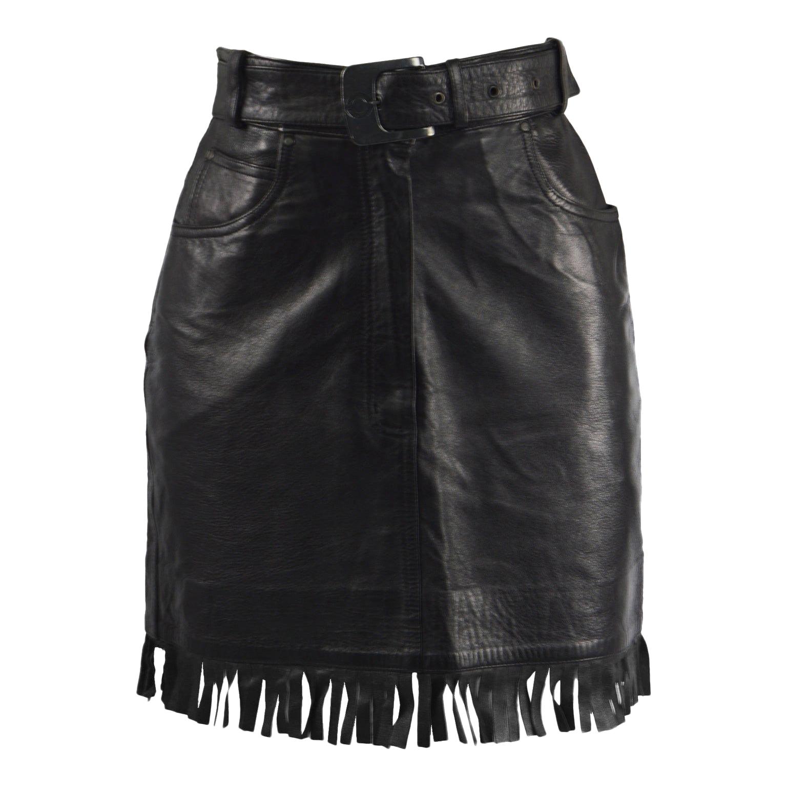 Claude Montana Vintage Black Leather Belted Fringed Western Style Skirt, 1990s For Sale