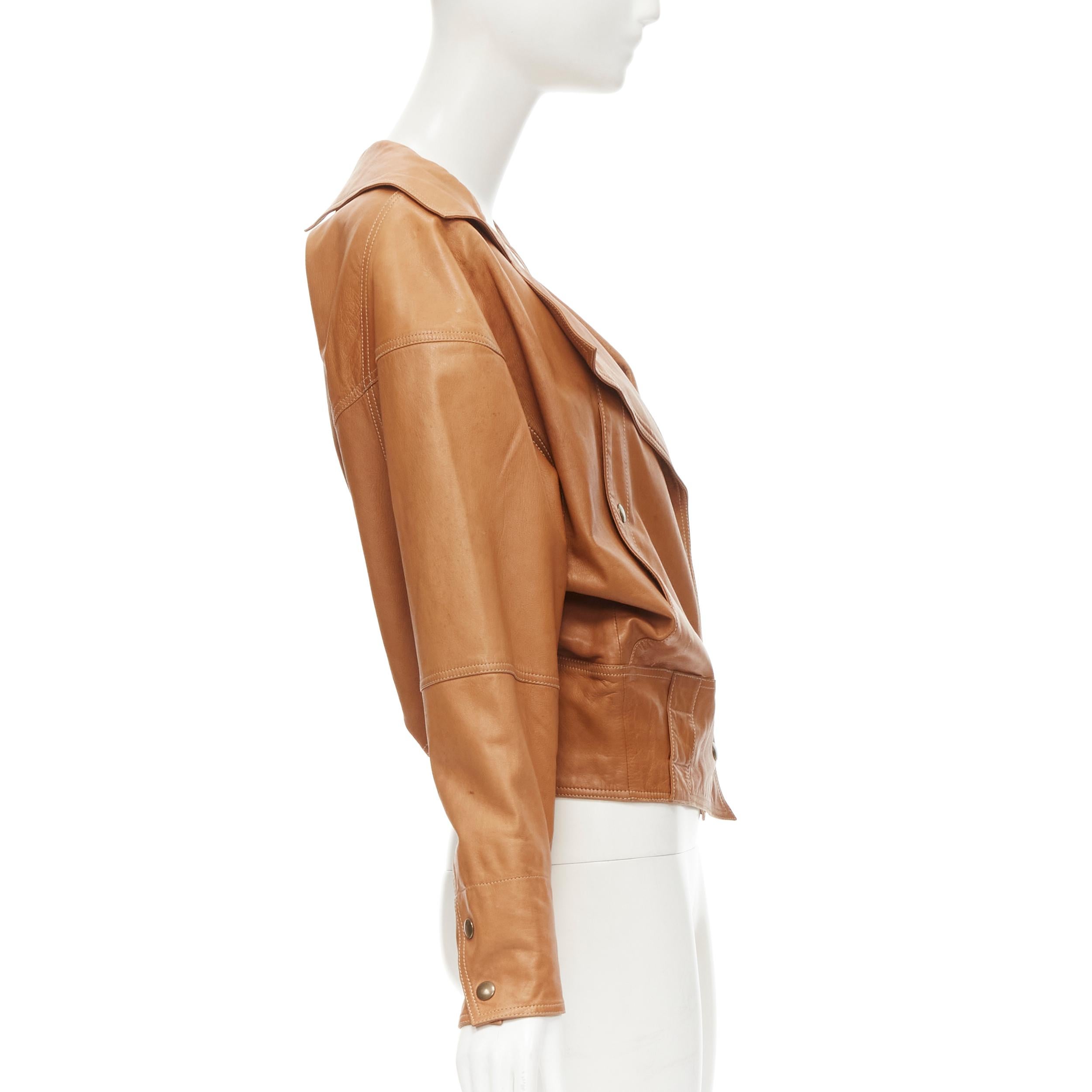 Brown CLAUDE MONTANA Vintage brown leather dolman sleeve biker jacket IT38 XS