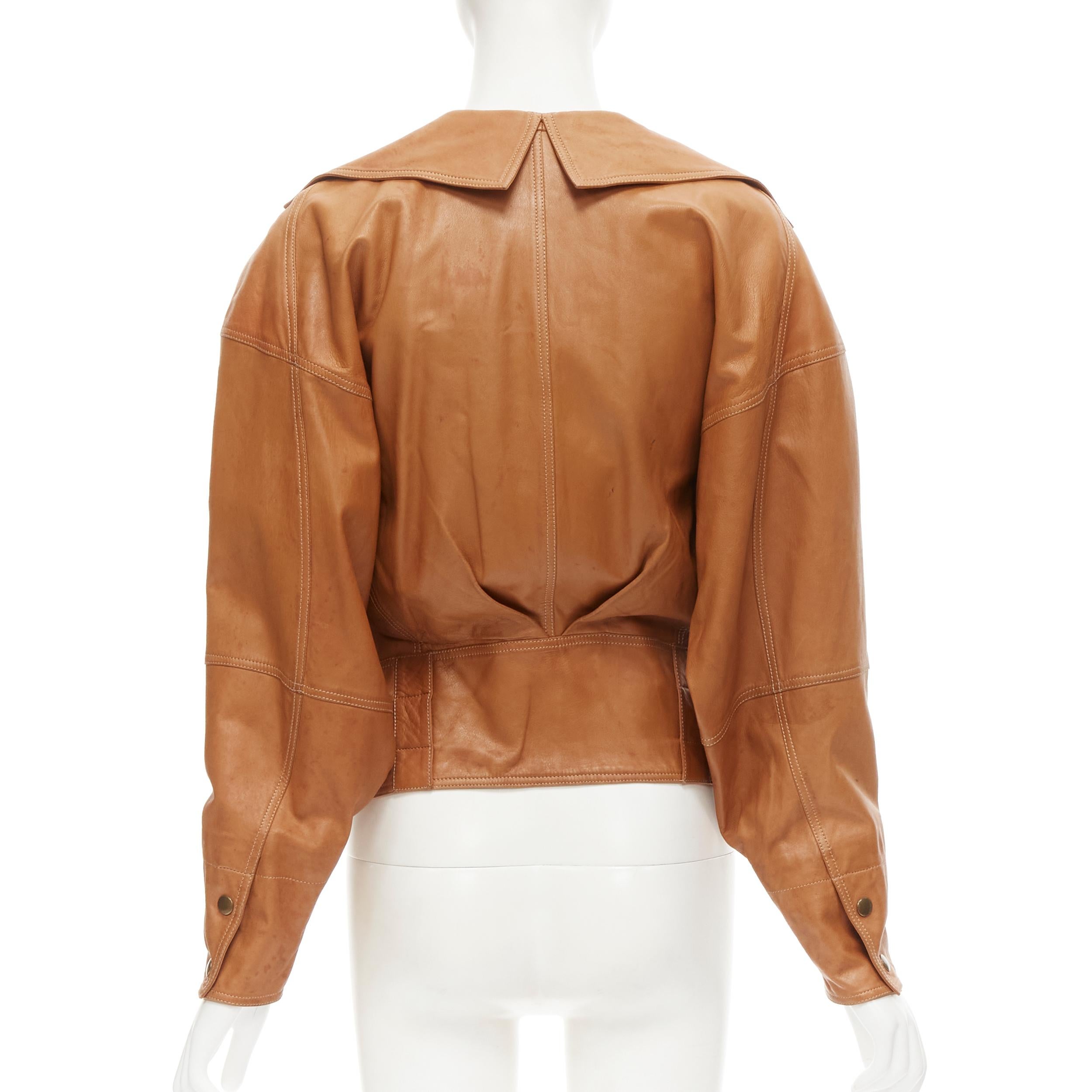 Women's CLAUDE MONTANA Vintage brown leather dolman sleeve biker jacket IT38 XS