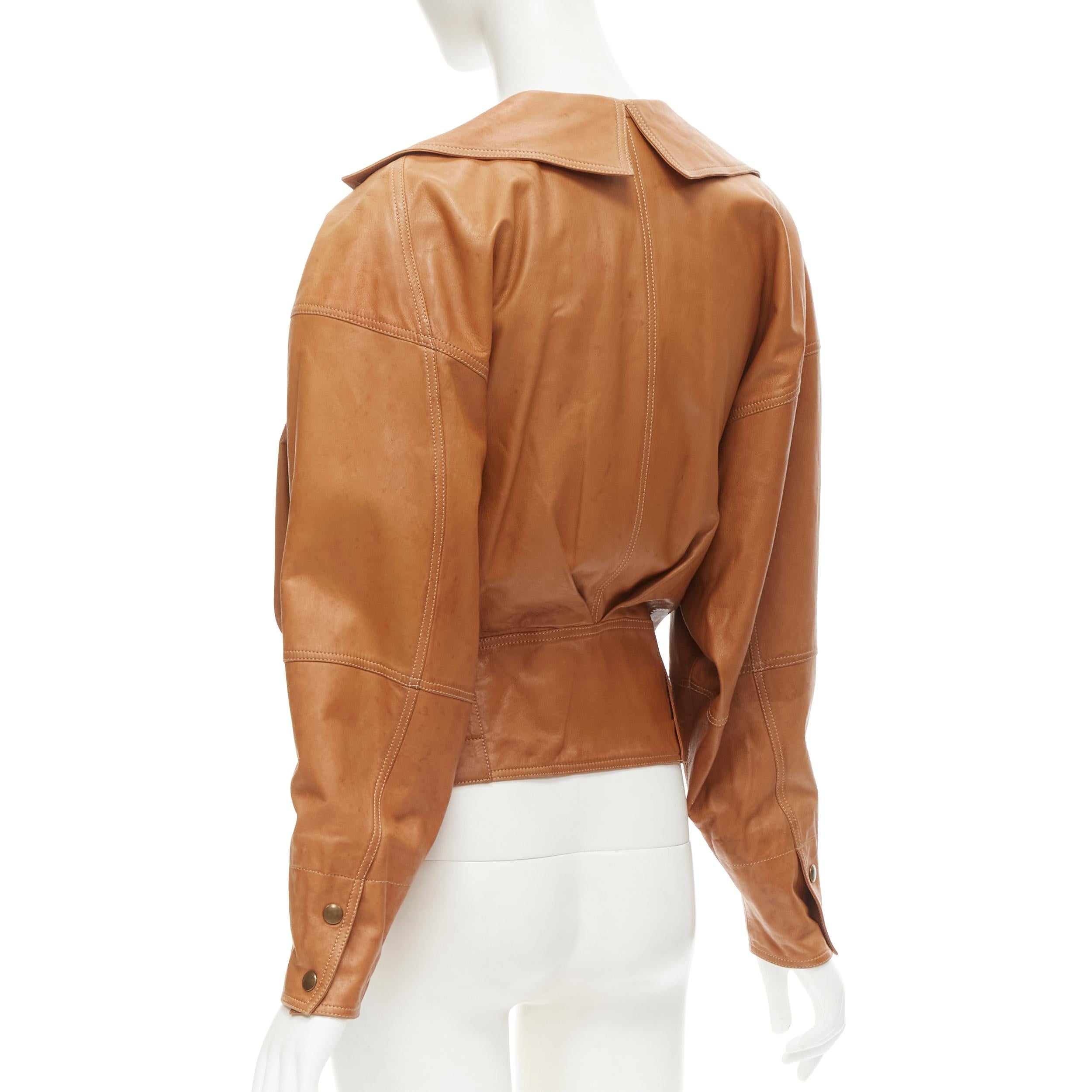 CLAUDE MONTANA Vintage brown leather dolman sleeve biker jacket IT38 XS 1