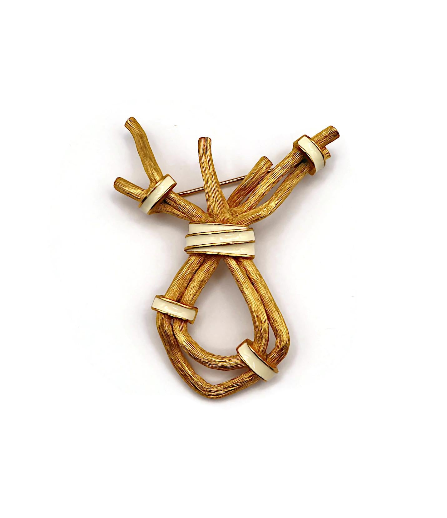 Women's CLAUDE MONTANA Vintage Gold Tone & White Enamel Ribbed Branches Brooch For Sale