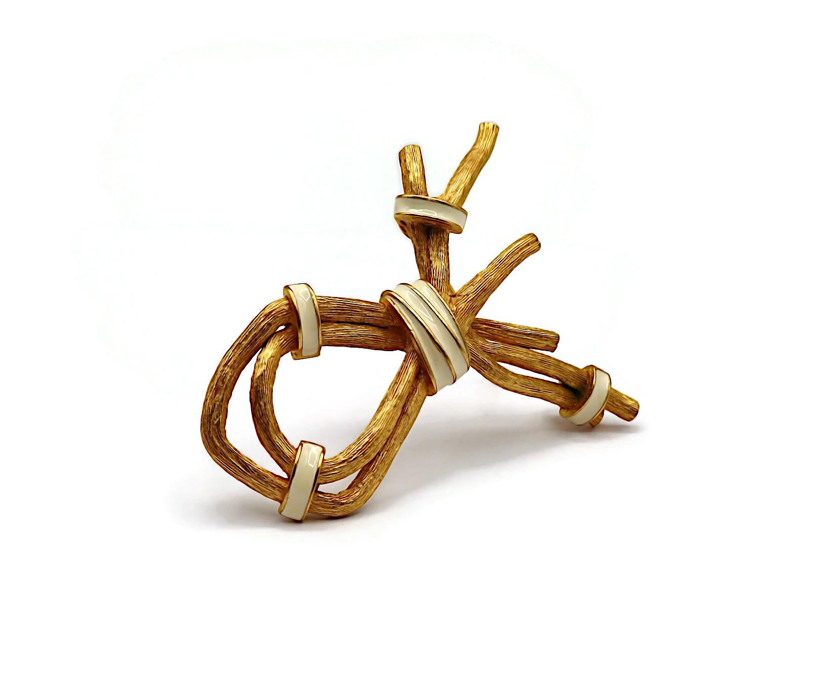 CLAUDE MONTANA Vintage Gold Tone & White Enamel Ribbed Branches Brooch For Sale 3
