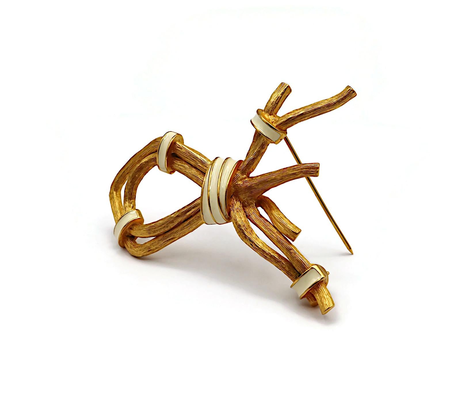 CLAUDE MONTANA Vintage Gold Tone & White Enamel Ribbed Branches Brooch For Sale 4
