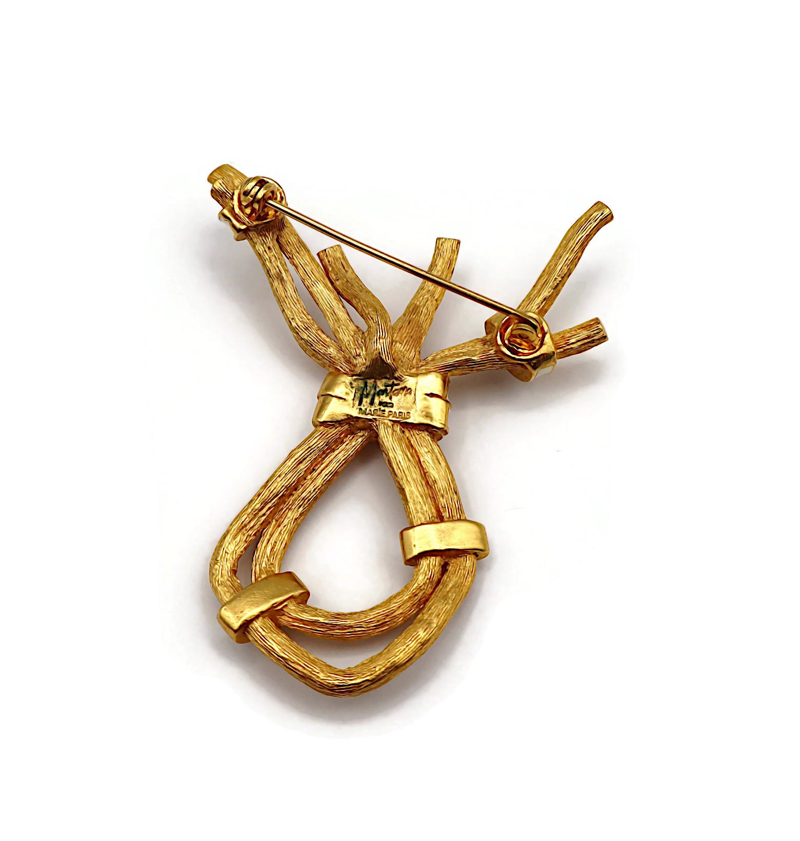 CLAUDE MONTANA Vintage Gold Tone & White Enamel Ribbed Branches Brooch For Sale 5