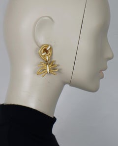 CLAUDE MONTANA Vintage Gold Tone & White Enamel Ribbed Branches Dangle Earrings