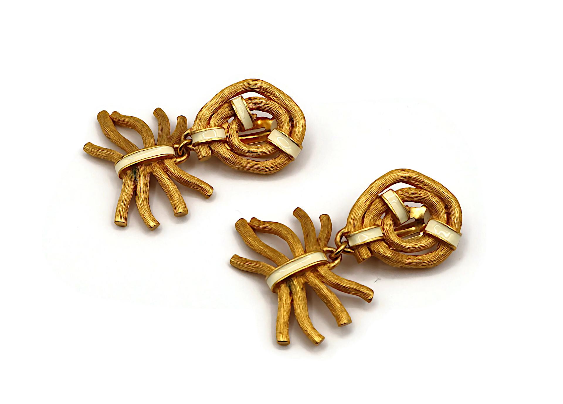 CLAUDE MONTANA Vintage Gold Tone & White Enamel Ribbed Branches Dangle Earrings For Sale 1
