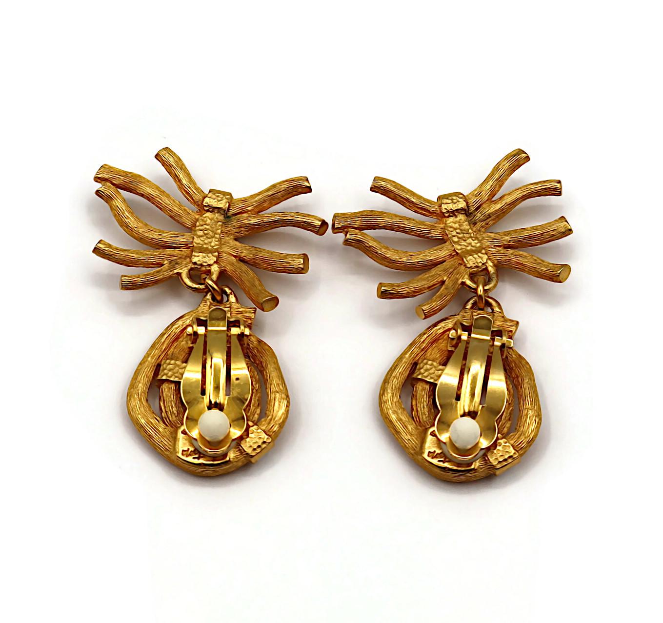 CLAUDE MONTANA Vintage Gold Tone & White Enamel Ribbed Branches Dangle Earrings For Sale 3