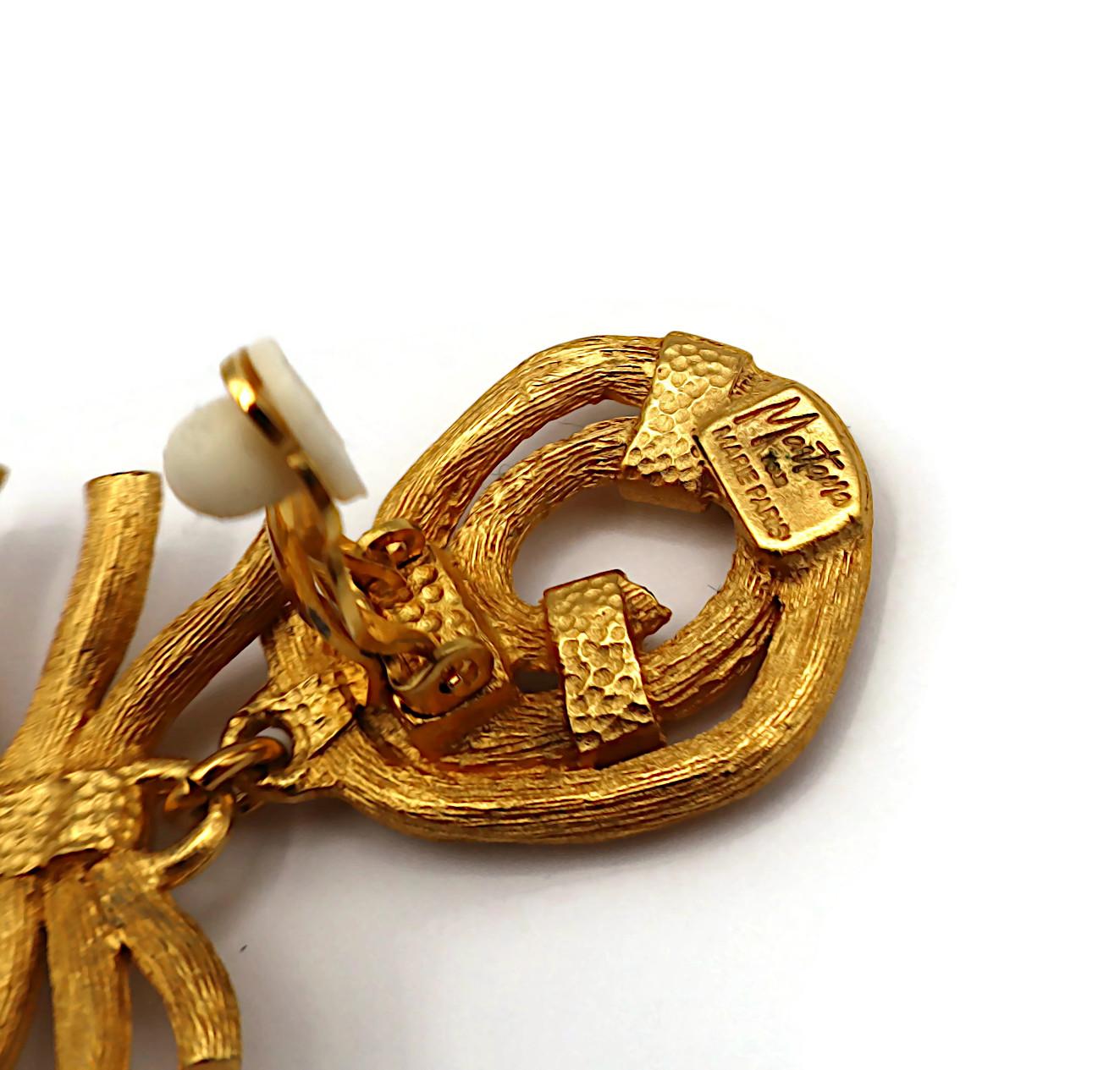CLAUDE MONTANA Vintage Gold Tone & White Enamel Ribbed Branches Dangle Earrings For Sale 4