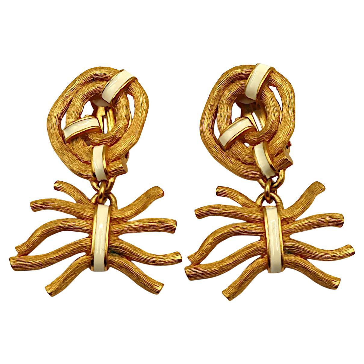CLAUDE MONTANA Vintage Gold Tone & White Enamel Ribbed Branches Dangle Earrings For Sale