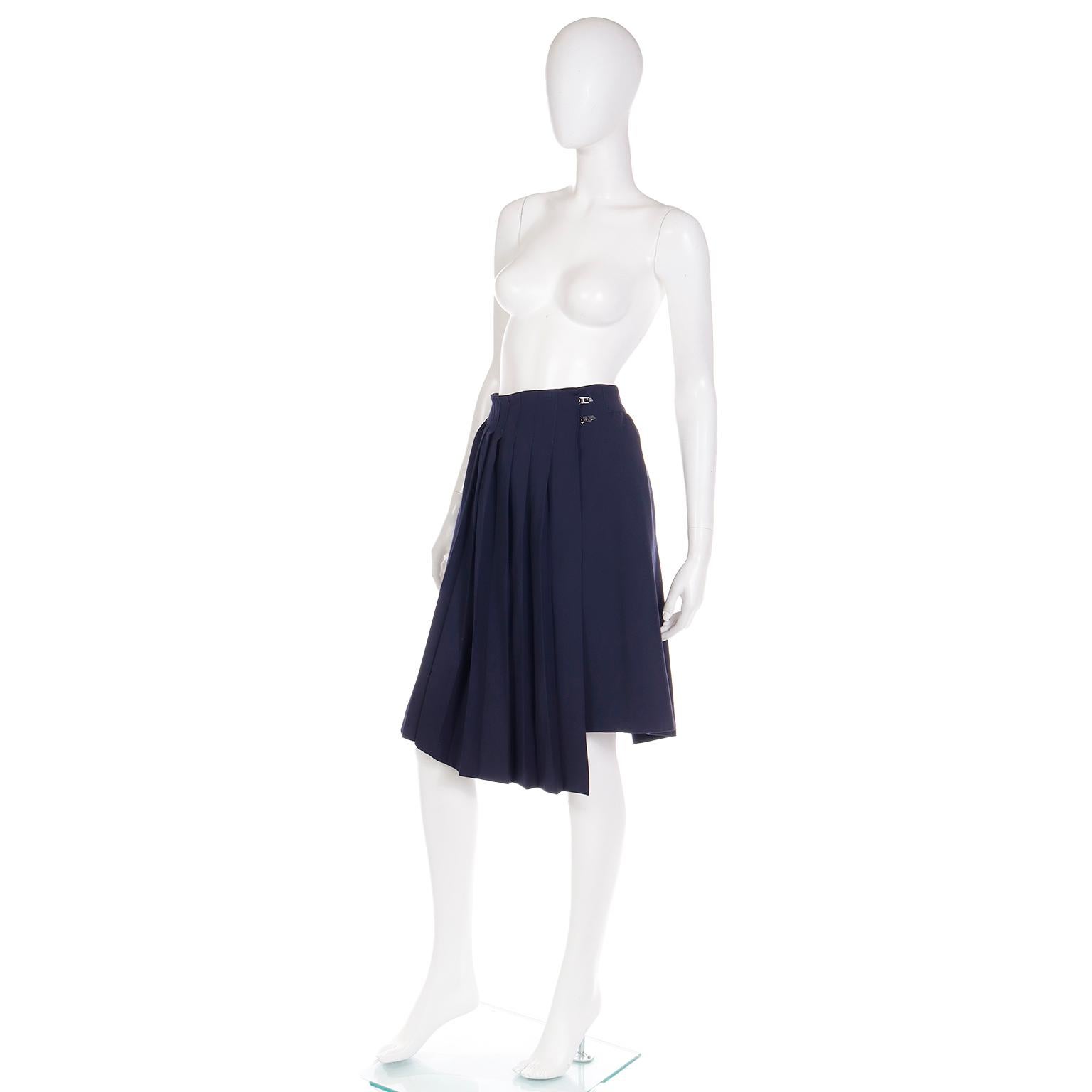 Women's Claude Montana Vintage Navy Blue Pleated Asymmetrical Skirt For Sale