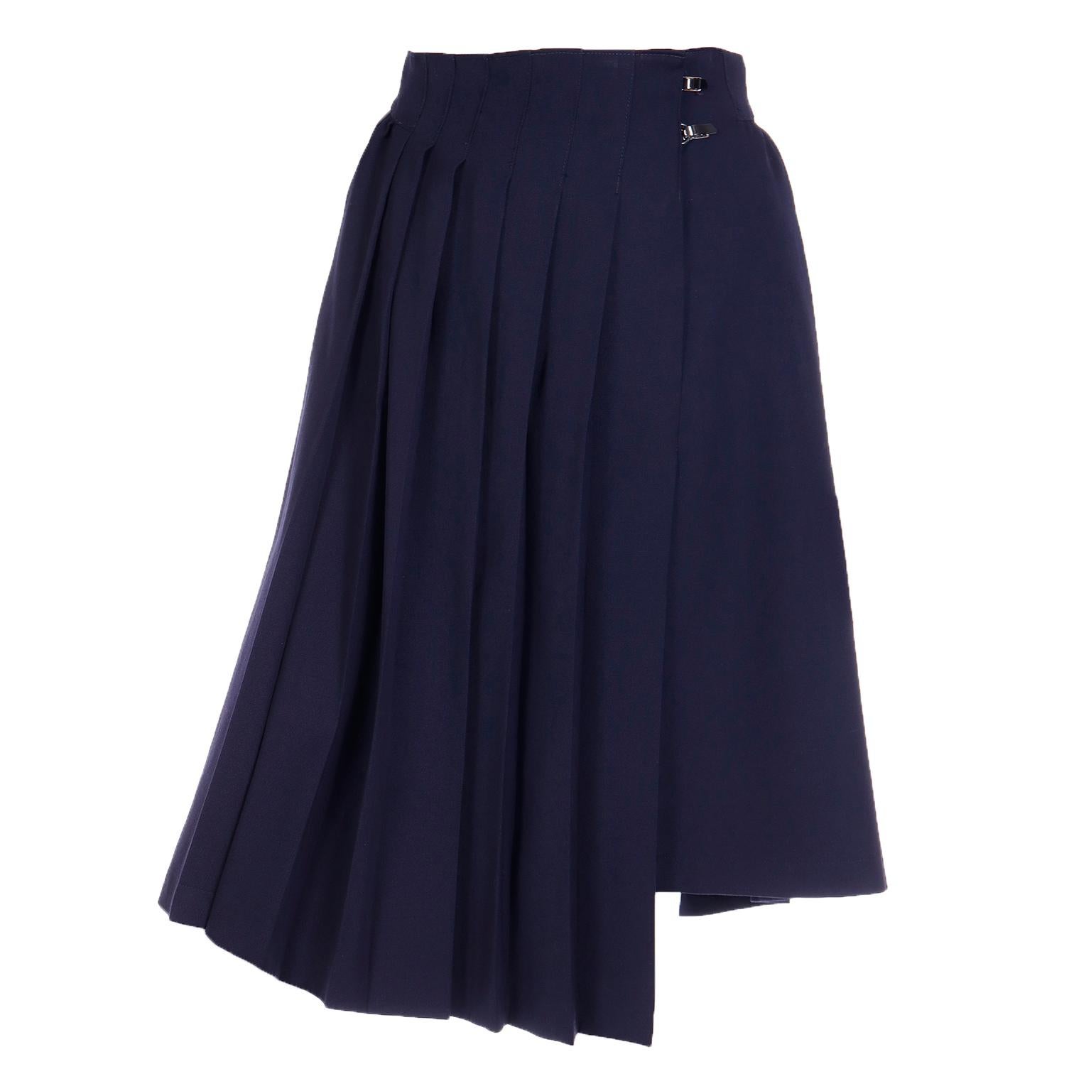 Claude Montana Vintage Navy Blue Pleated Asymmetrical Skirt For Sale 1