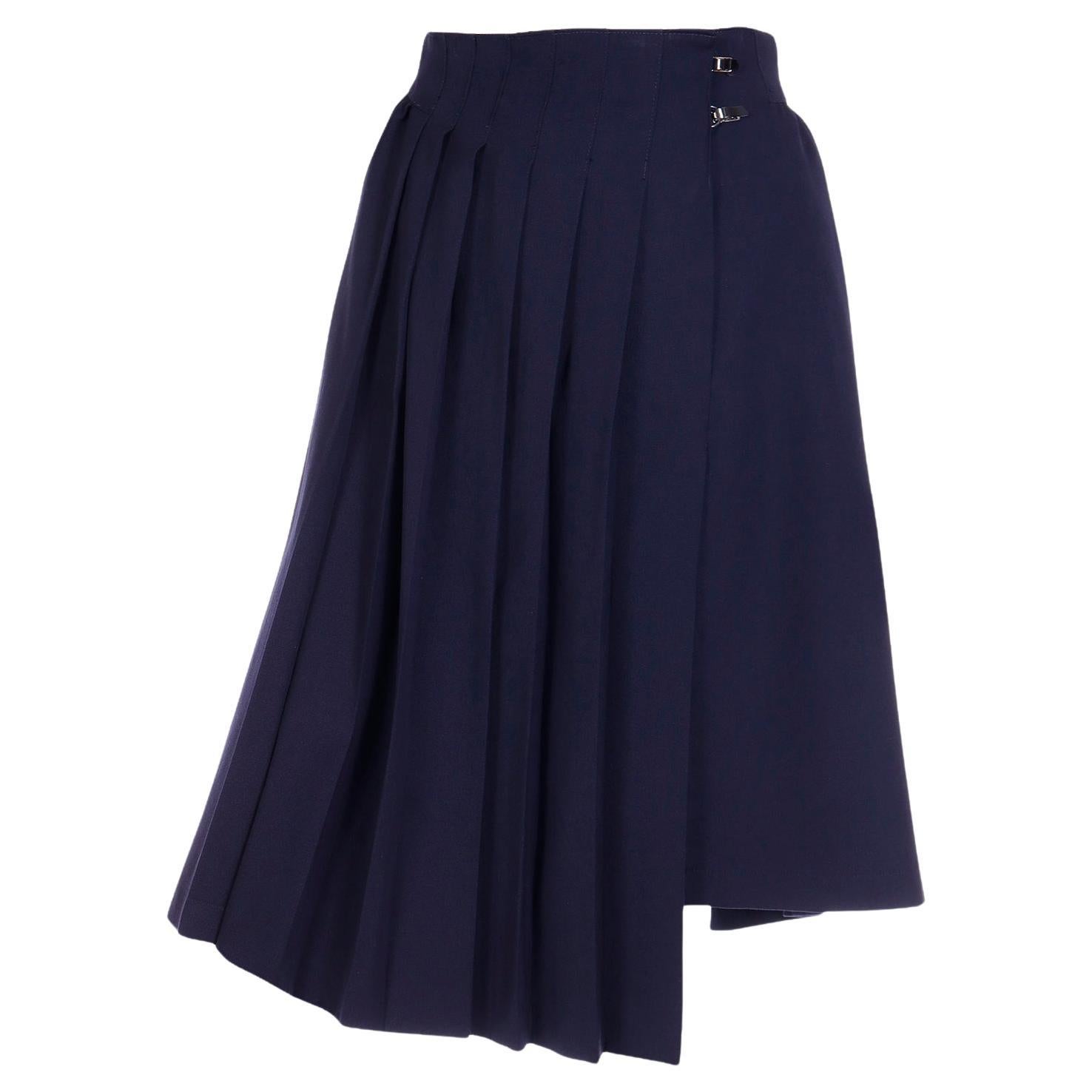 Claude Montana Vintage Navy Blue Pleated Asymmetrical Skirt For Sale