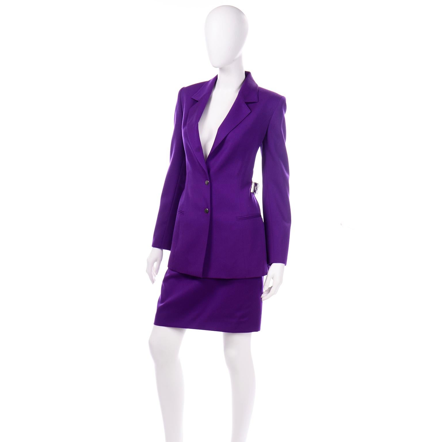 purple blazer and skirt