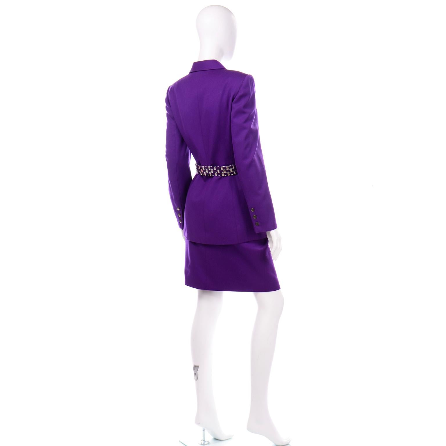 Claude Montana Vintage Purple Skirt & Longline Blazer Jacket W Woven Metal Belt  In Excellent Condition For Sale In Portland, OR