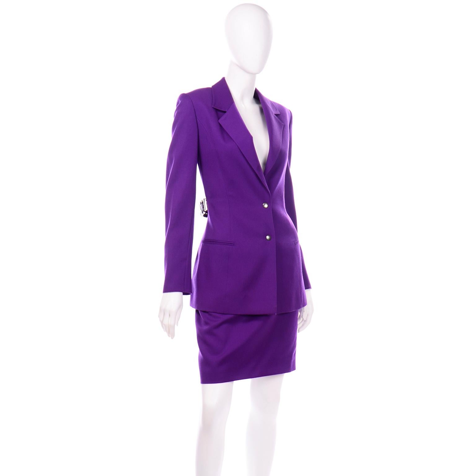 Women's Claude Montana Vintage Purple Skirt & Longline Blazer Jacket W Woven Metal Belt  For Sale