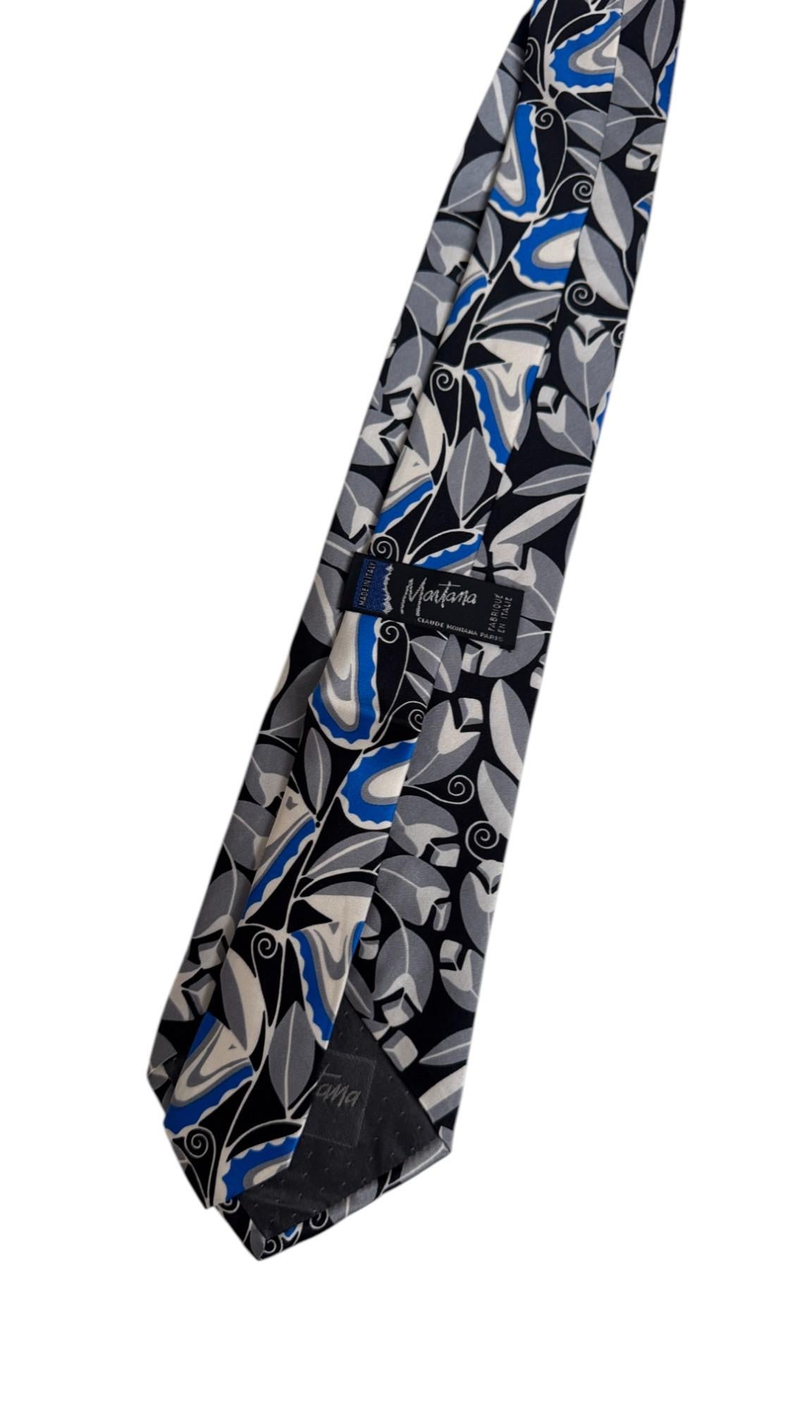 Claude Montana Vintage Krawatte - Abstraktes Blumenmotiv in Blau, Grau und Schwarz (Black) im Angebot