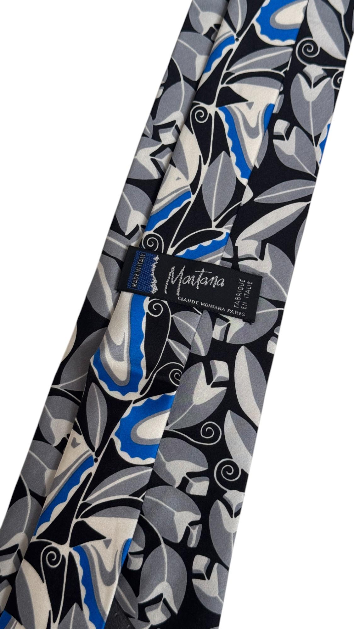 Claude Montana Vintage Krawatte - Abstraktes Blumenmotiv in Blau, Grau und Schwarz im Zustand „Gut“ im Angebot in Milano, IT
