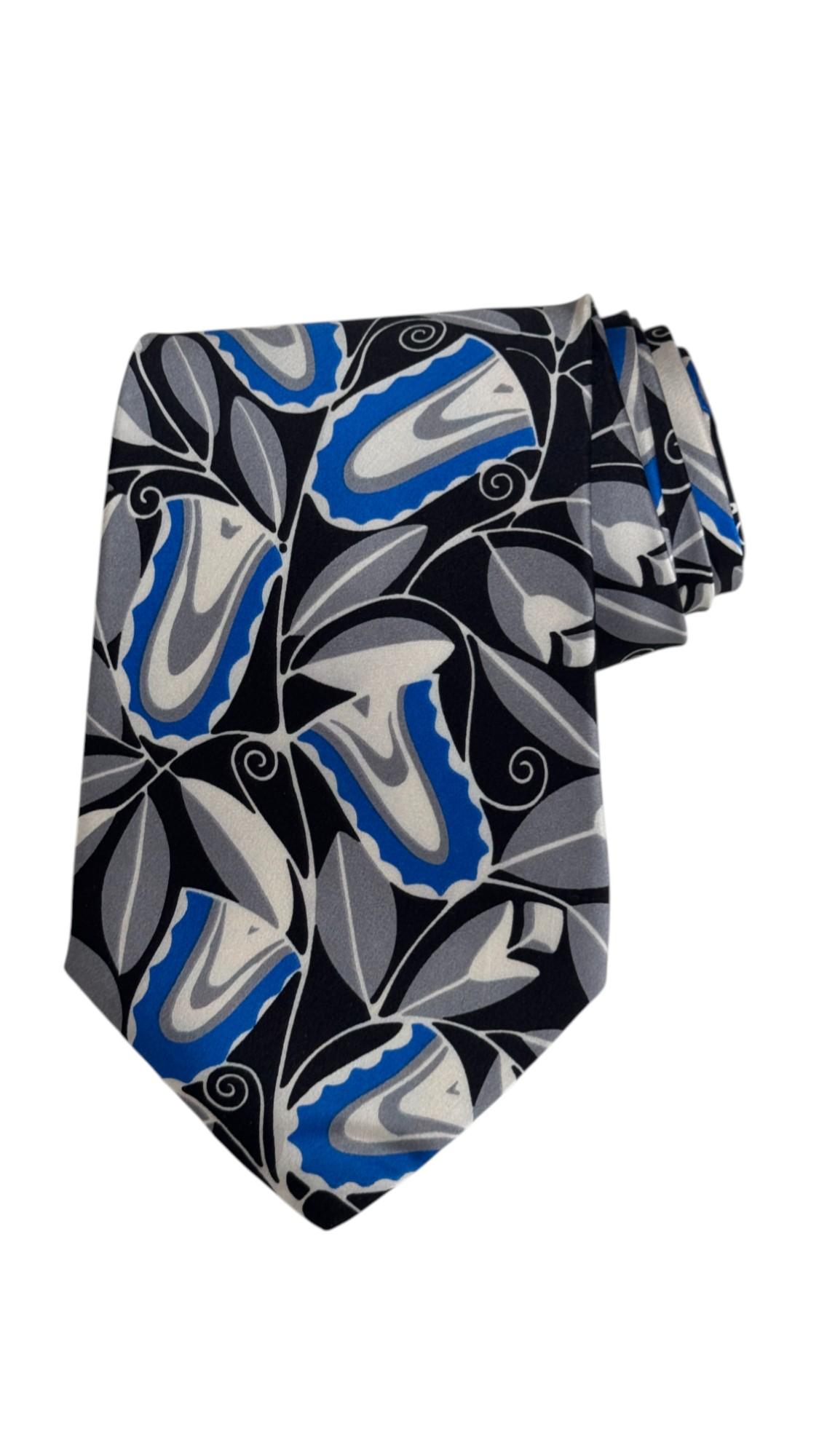 Claude Montana Vintage Krawatte - Abstraktes Blumenmotiv in Blau, Grau und Schwarz im Angebot 1