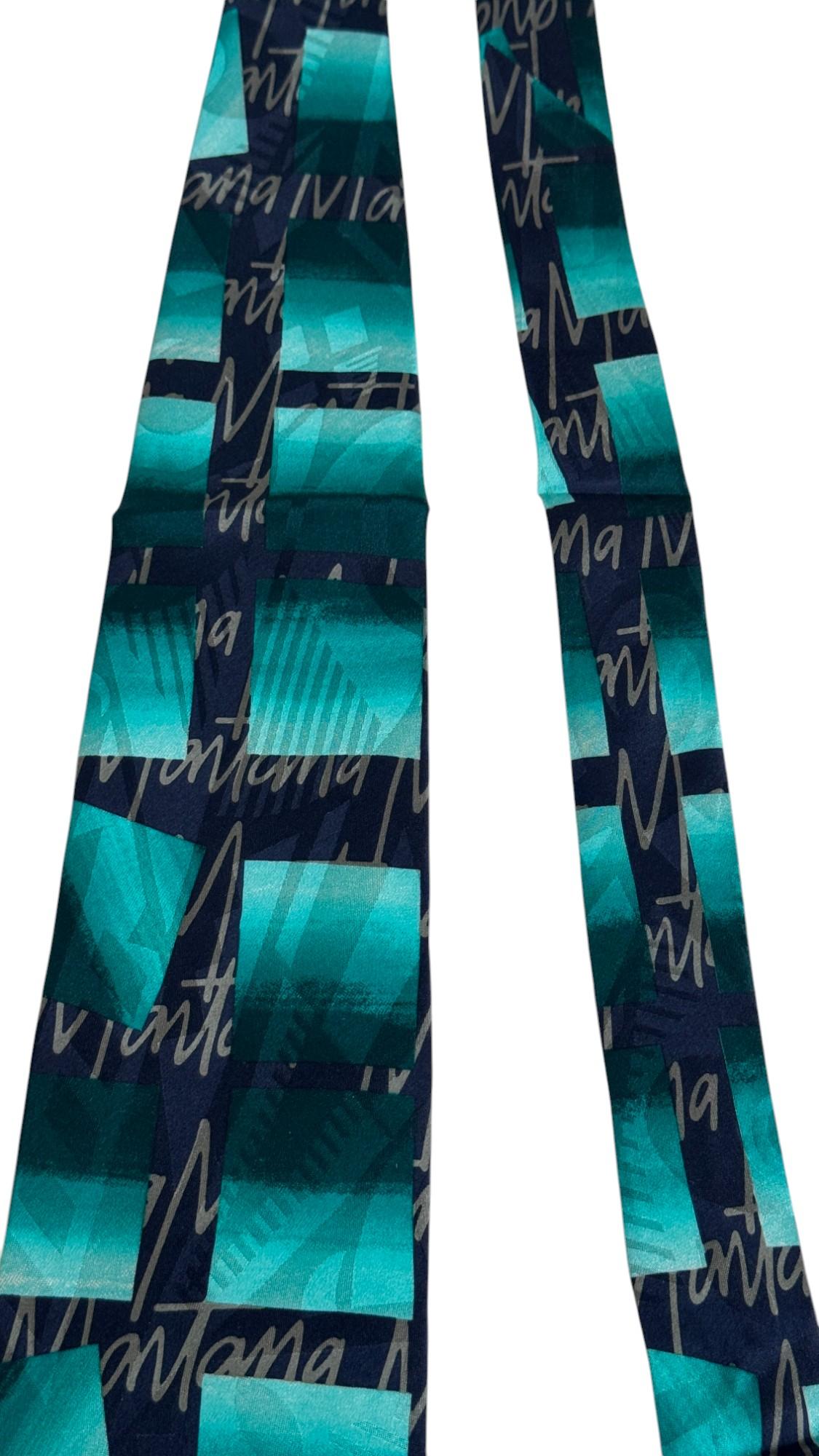 Claude Montana Vintage Tie – Teal and Navy Graphic Signature Pattern in vendita 5