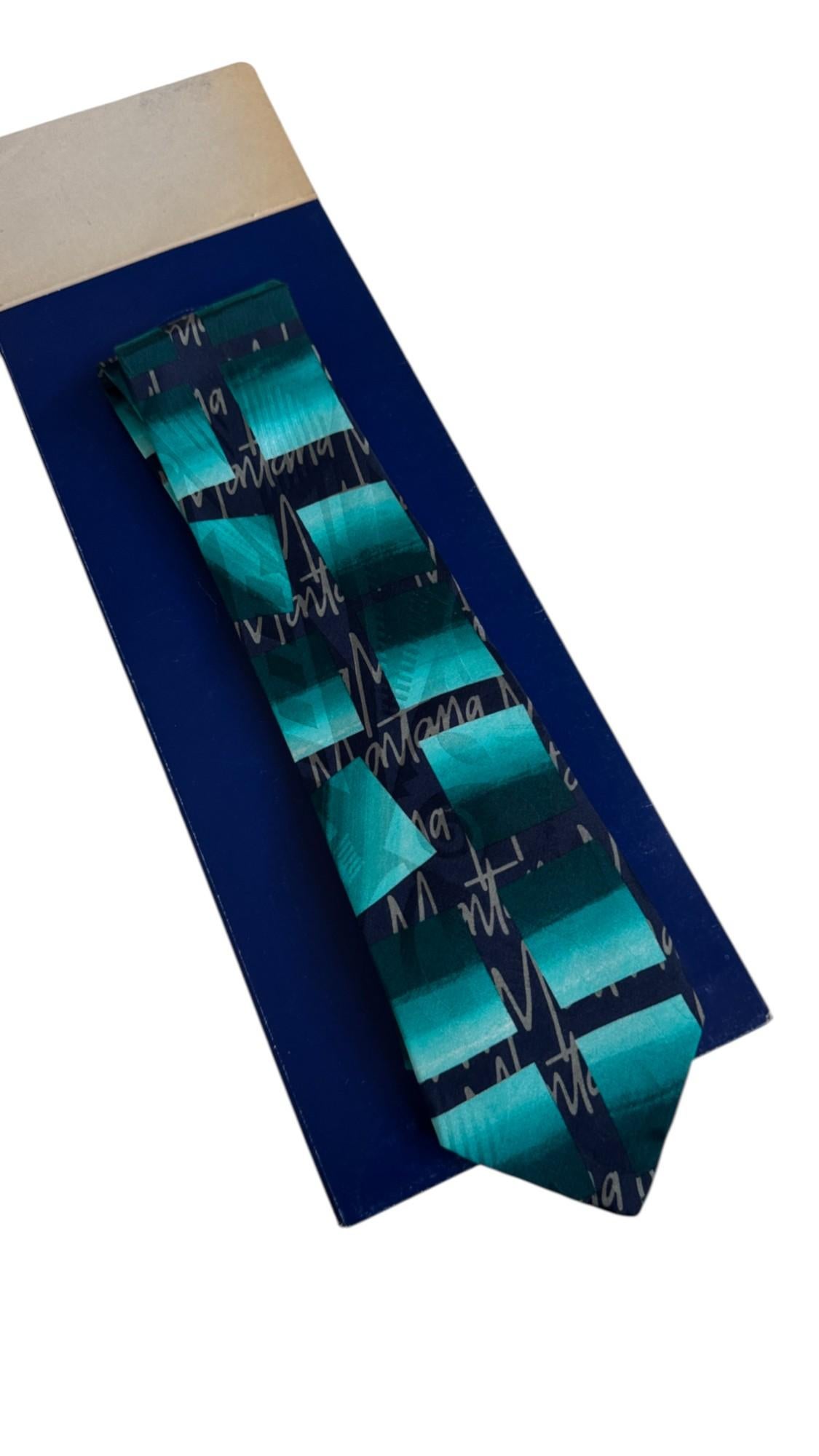Blue Claude Montana Vintage Tie – Teal and Navy Graphic Signature Pattern in vendita