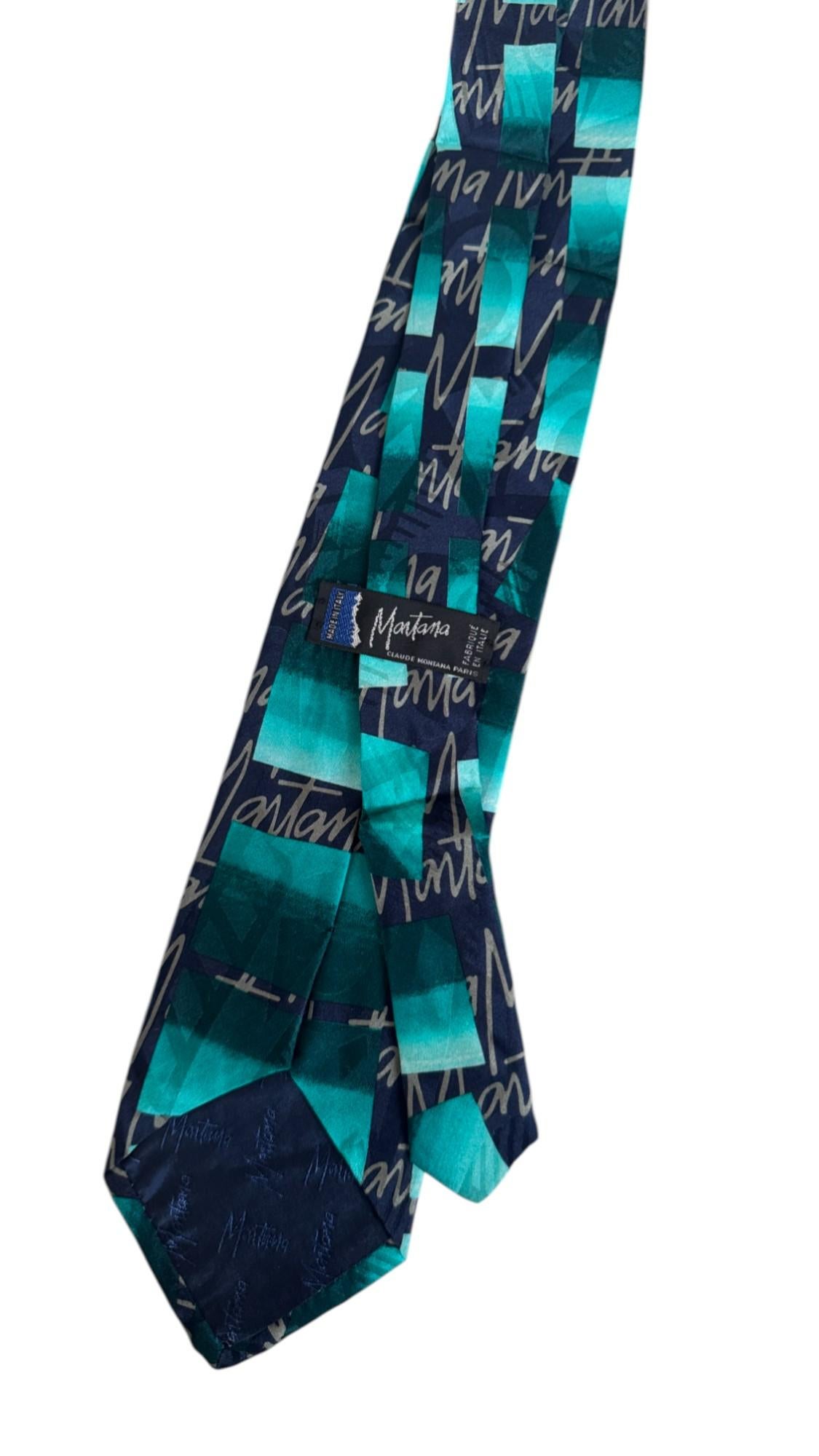 Claude Montana Vintage Tie – Teal and Navy Graphic Signature Pattern In condizioni buone in vendita a Milano, IT