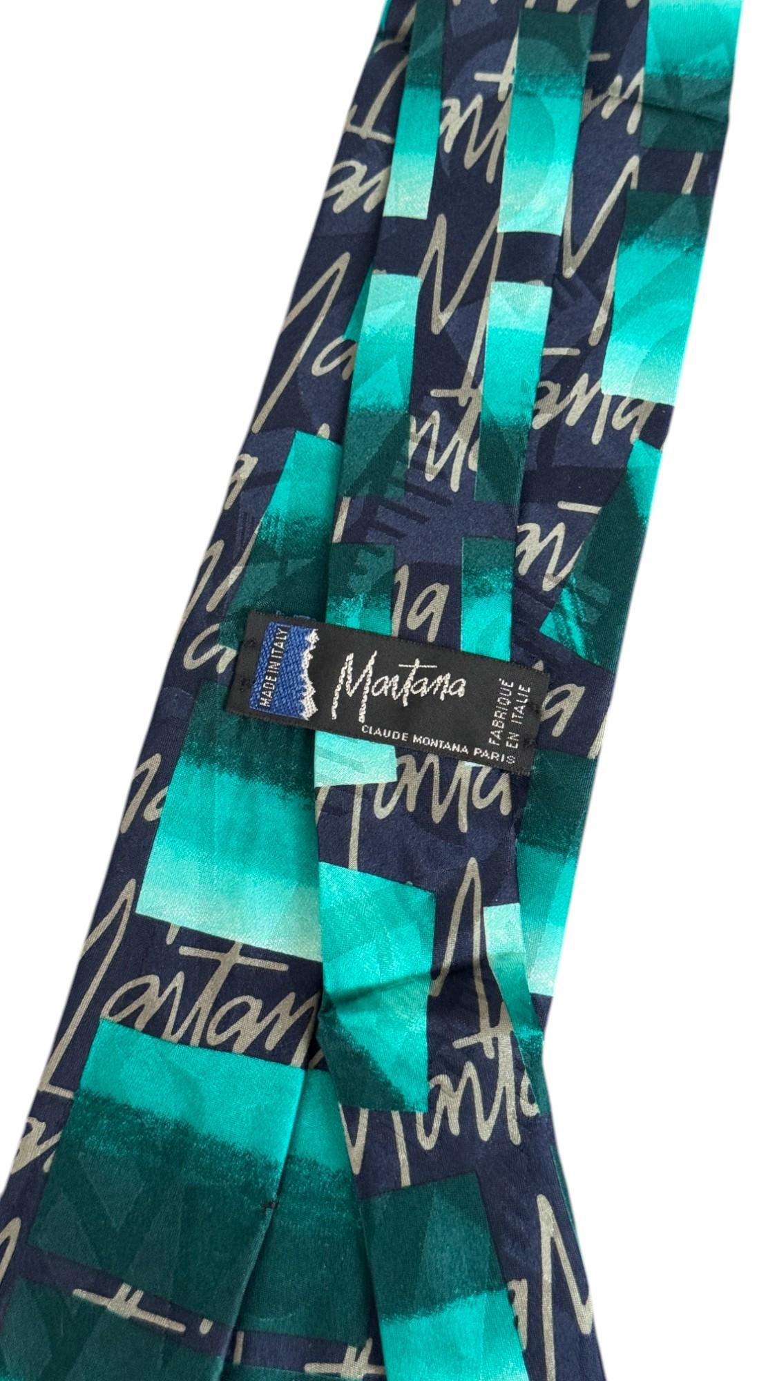 da uomo o donna Claude Montana Vintage Tie – Teal and Navy Graphic Signature Pattern in vendita