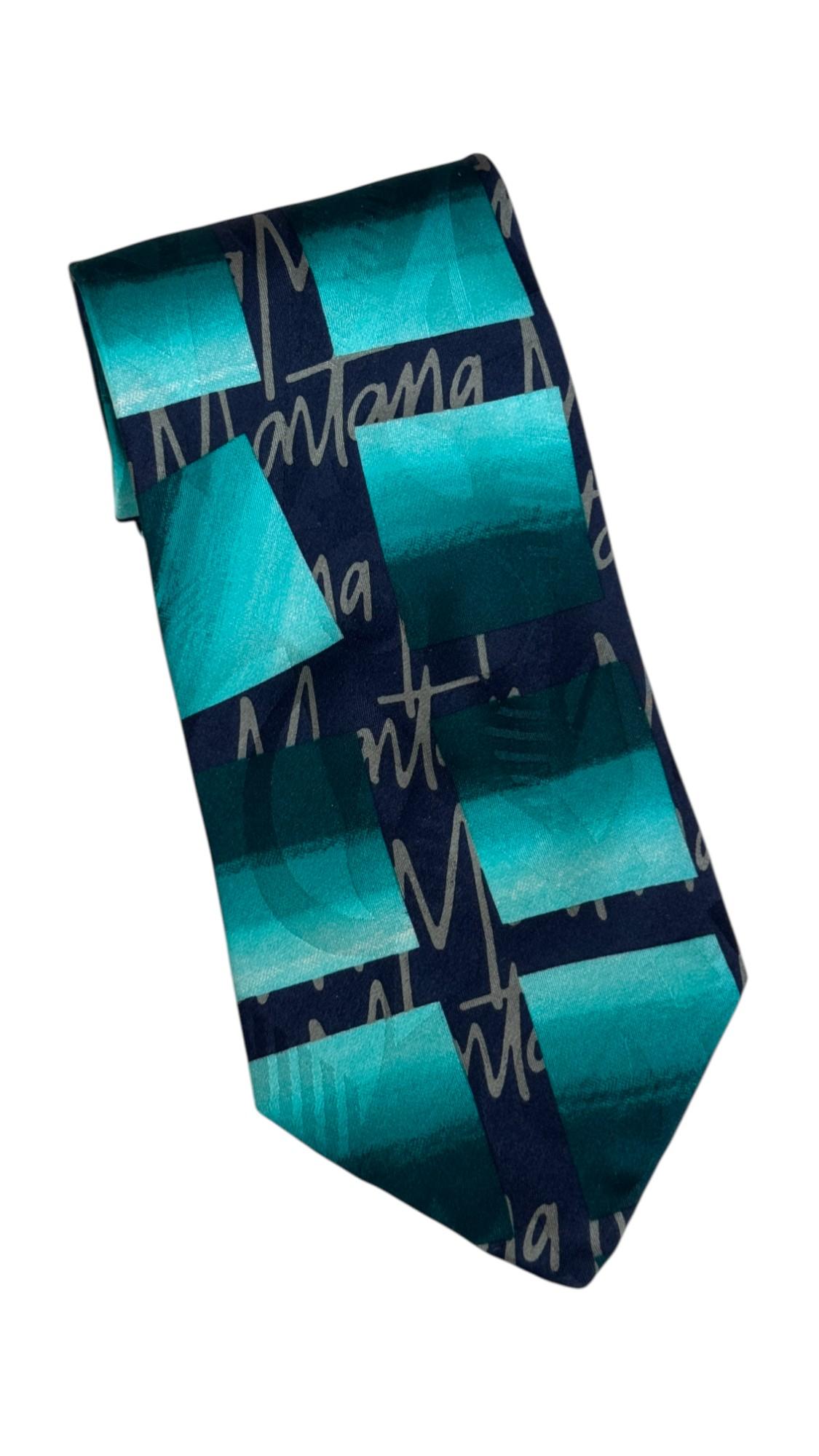 Claude Montana Vintage Tie – Teal and Navy Graphic Signature Pattern in vendita 1