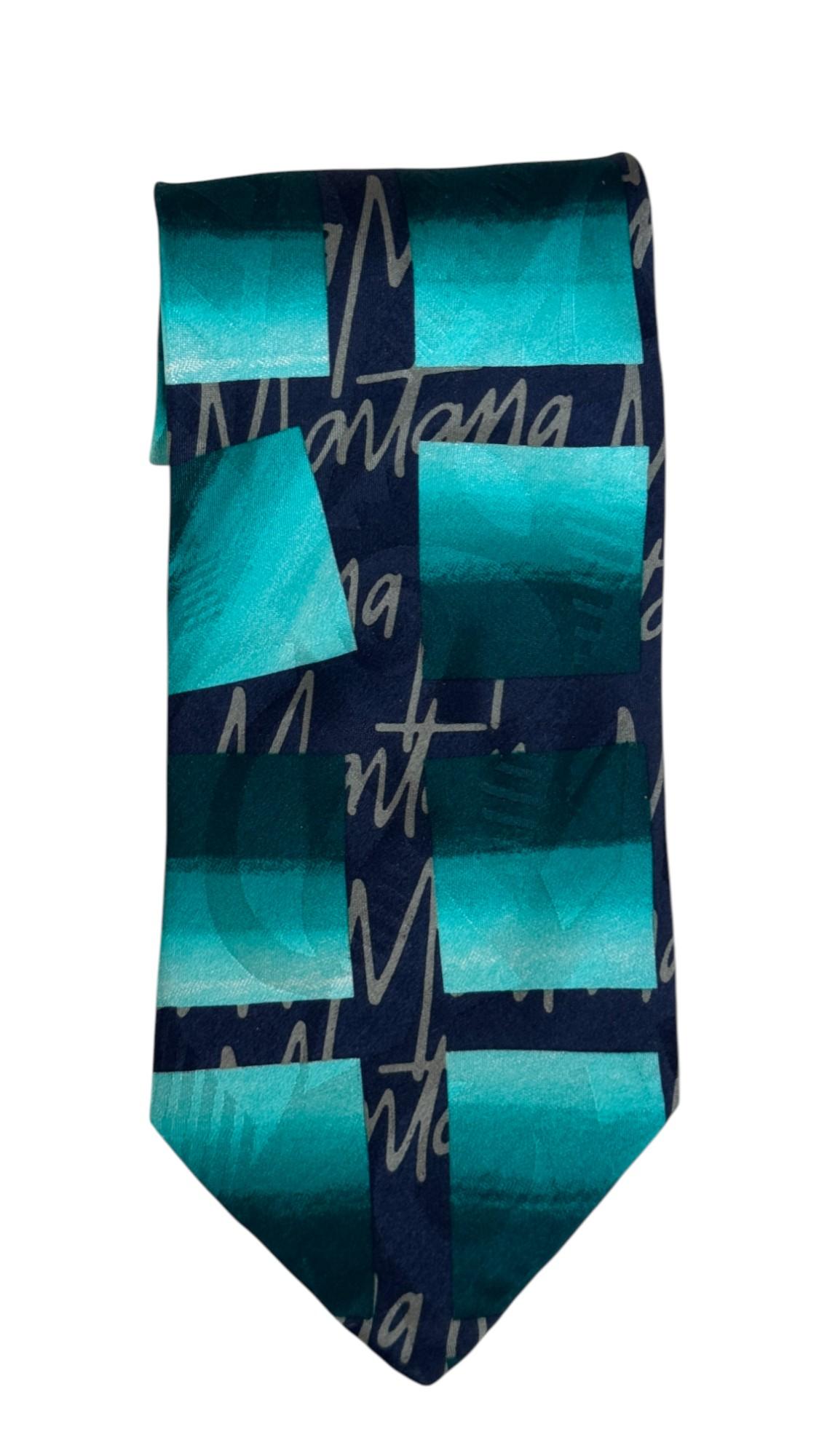 Claude Montana Vintage Tie – Teal and Navy Graphic Signature Pattern in vendita 2