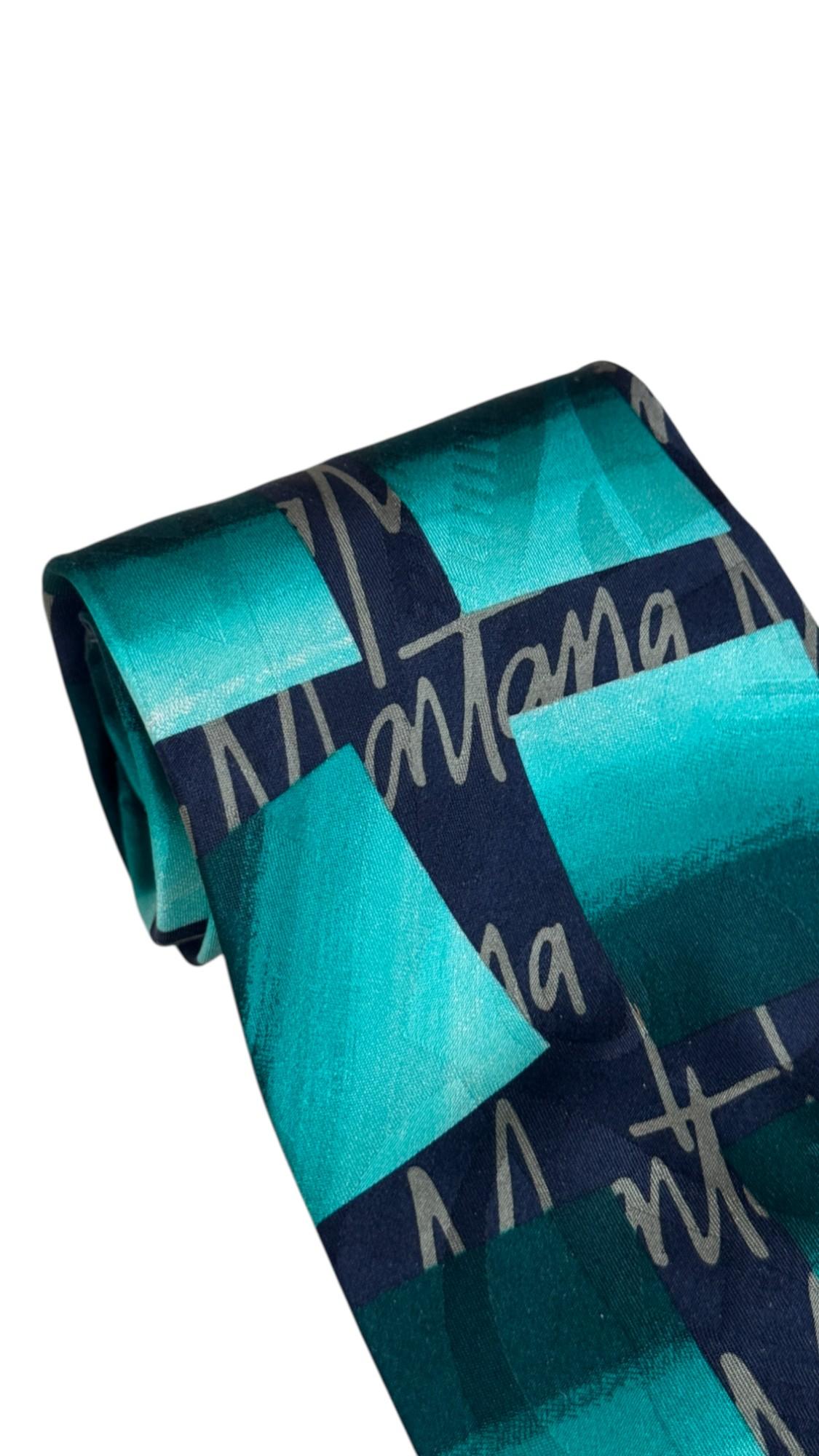 Claude Montana Vintage Tie – Teal and Navy Graphic Signature Pattern in vendita 3