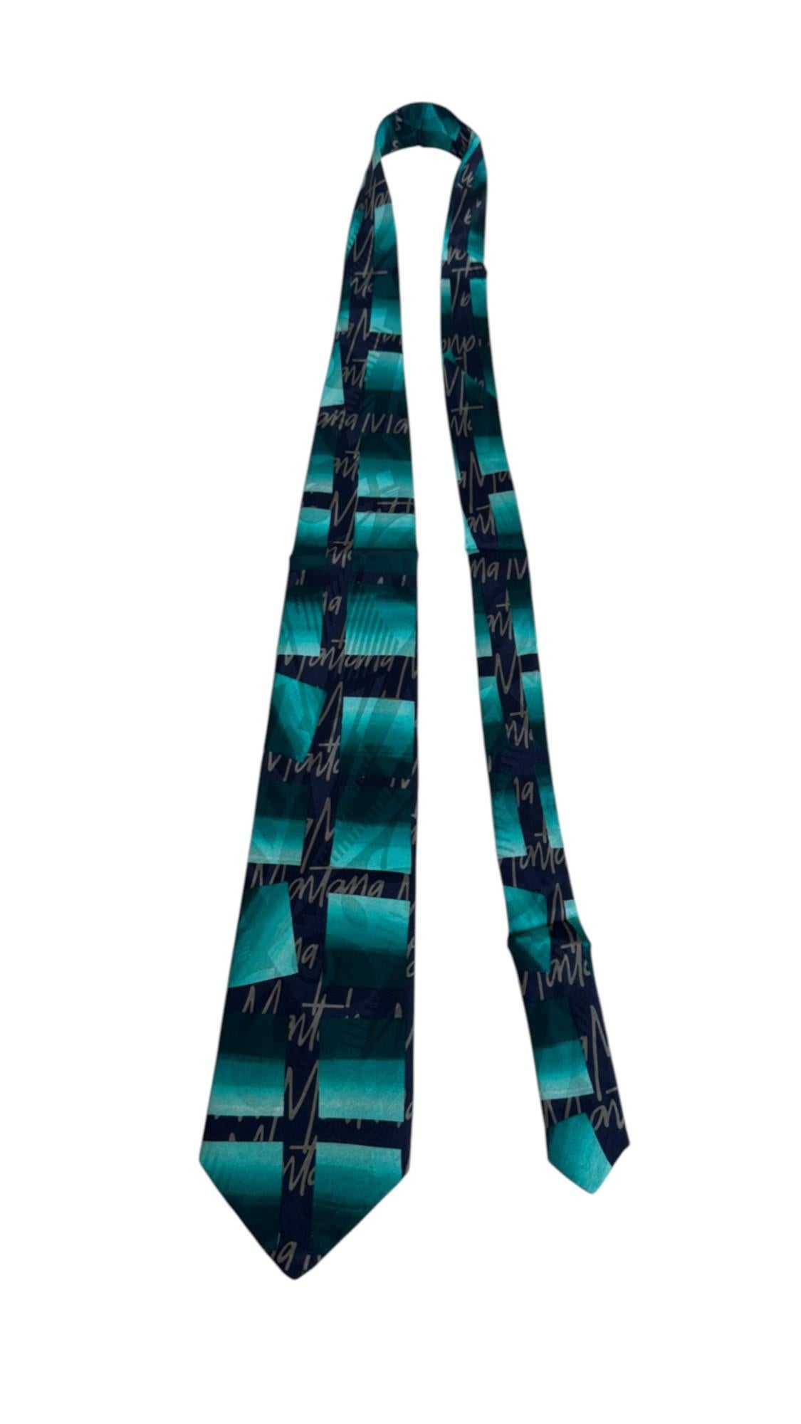 Claude Montana Vintage Tie – Teal and Navy Graphic Signature Pattern in vendita 4