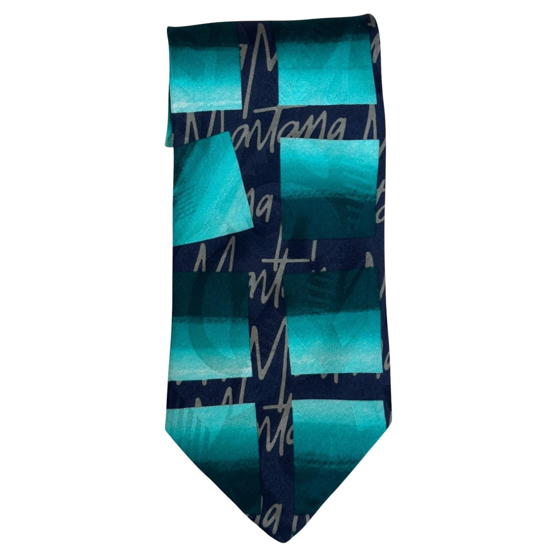 Claude Montana Vintage Tie – Teal and Navy Graphic Signature Pattern in vendita