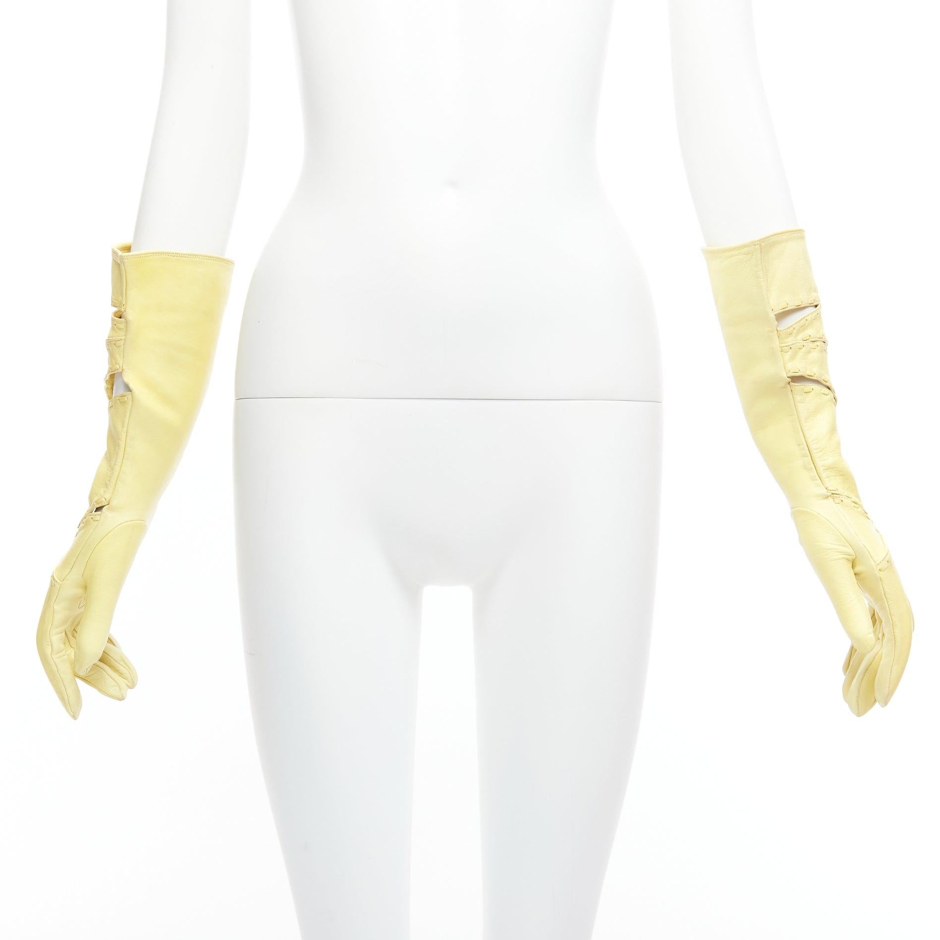 Beige CLAUDE MONTANA Vintage yellow leather topstitch cut out gloves US7 For Sale