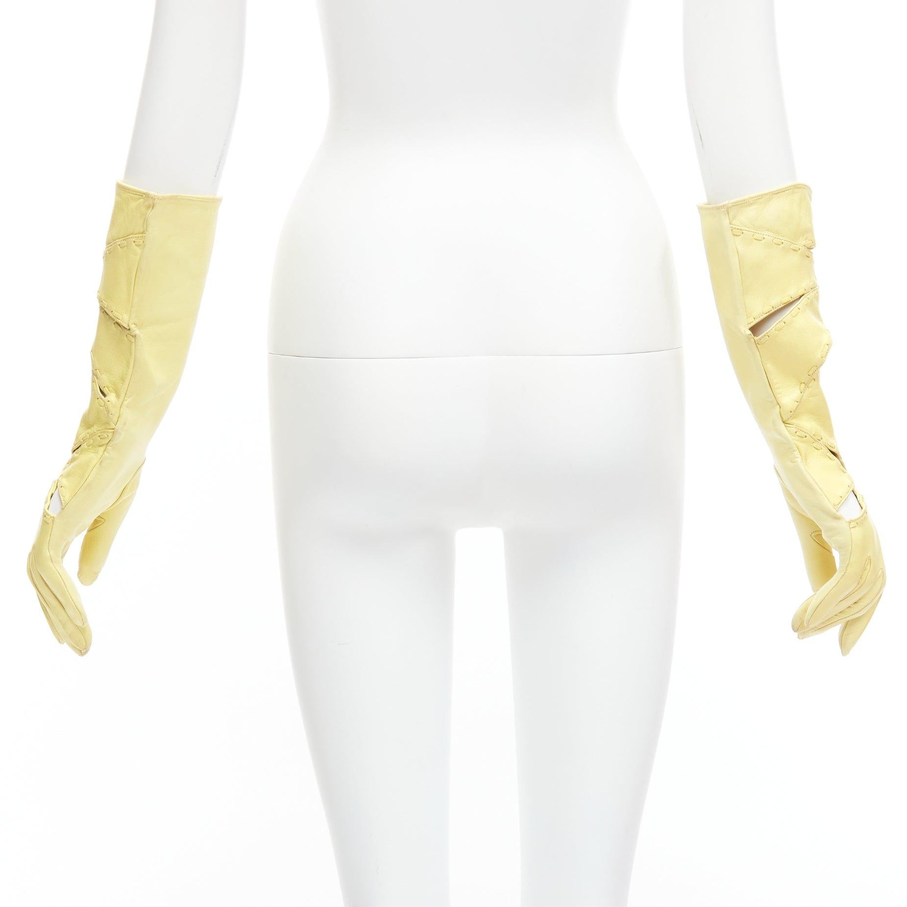 CLAUDE MONTANA Vintage yellow leather topstitch cut out gloves US7 For Sale 1