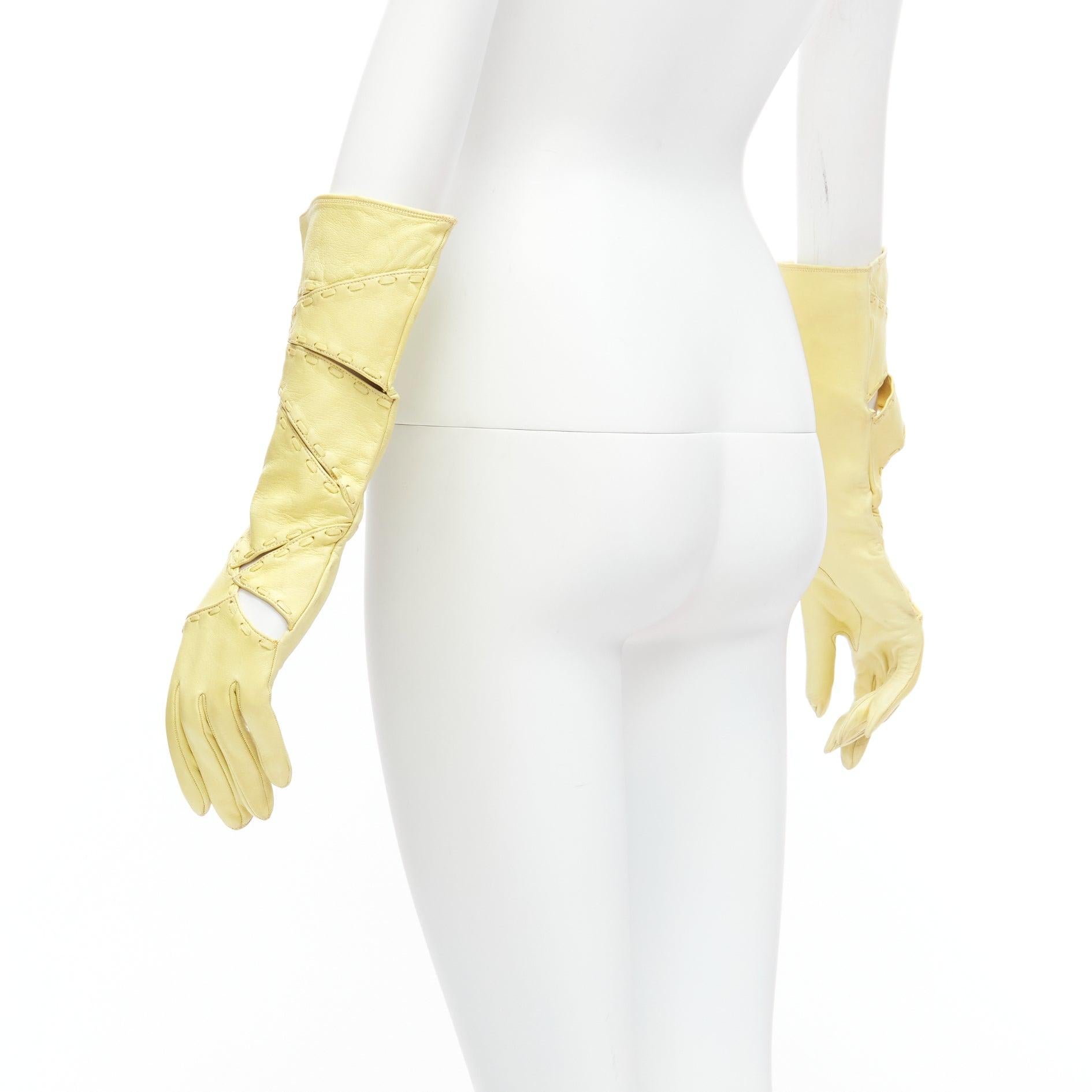 CLAUDE MONTANA Vintage yellow leather topstitch cut out gloves US7 For Sale 2