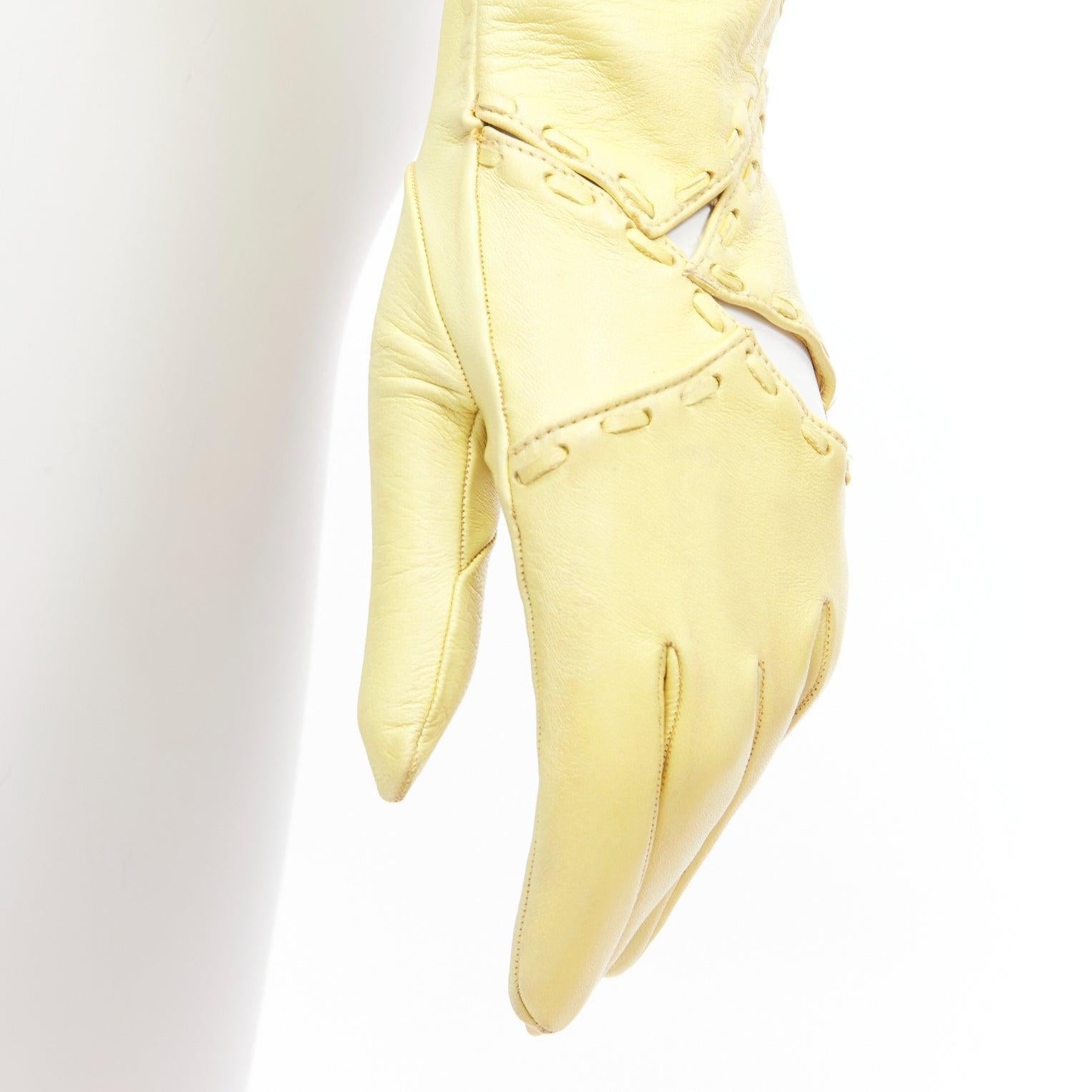 CLAUDE MONTANA Vintage yellow leather topstitch cut out gloves US7 For Sale 3