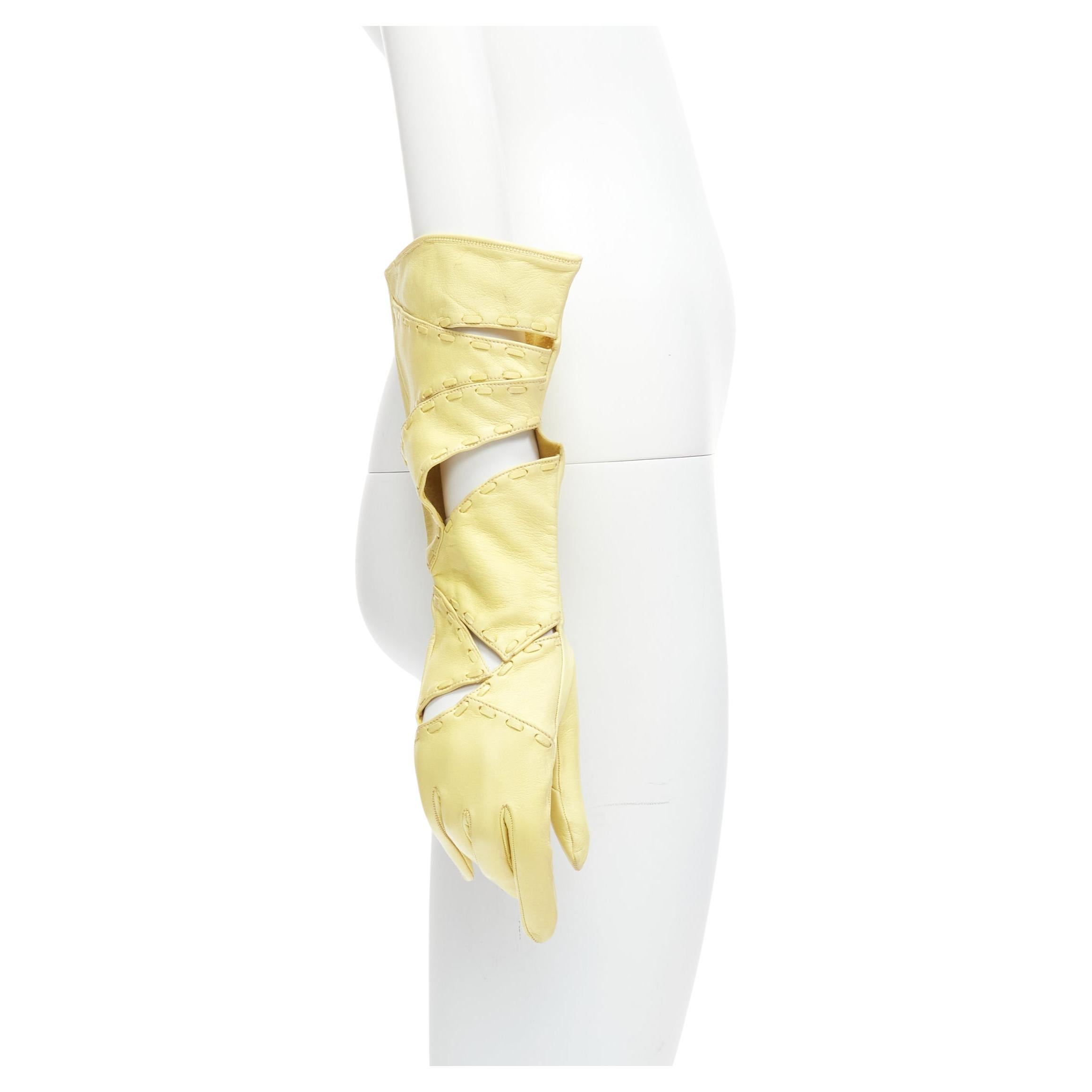 CLAUDE MONTANA Vintage yellow leather topstitch cut out gloves US7 For Sale