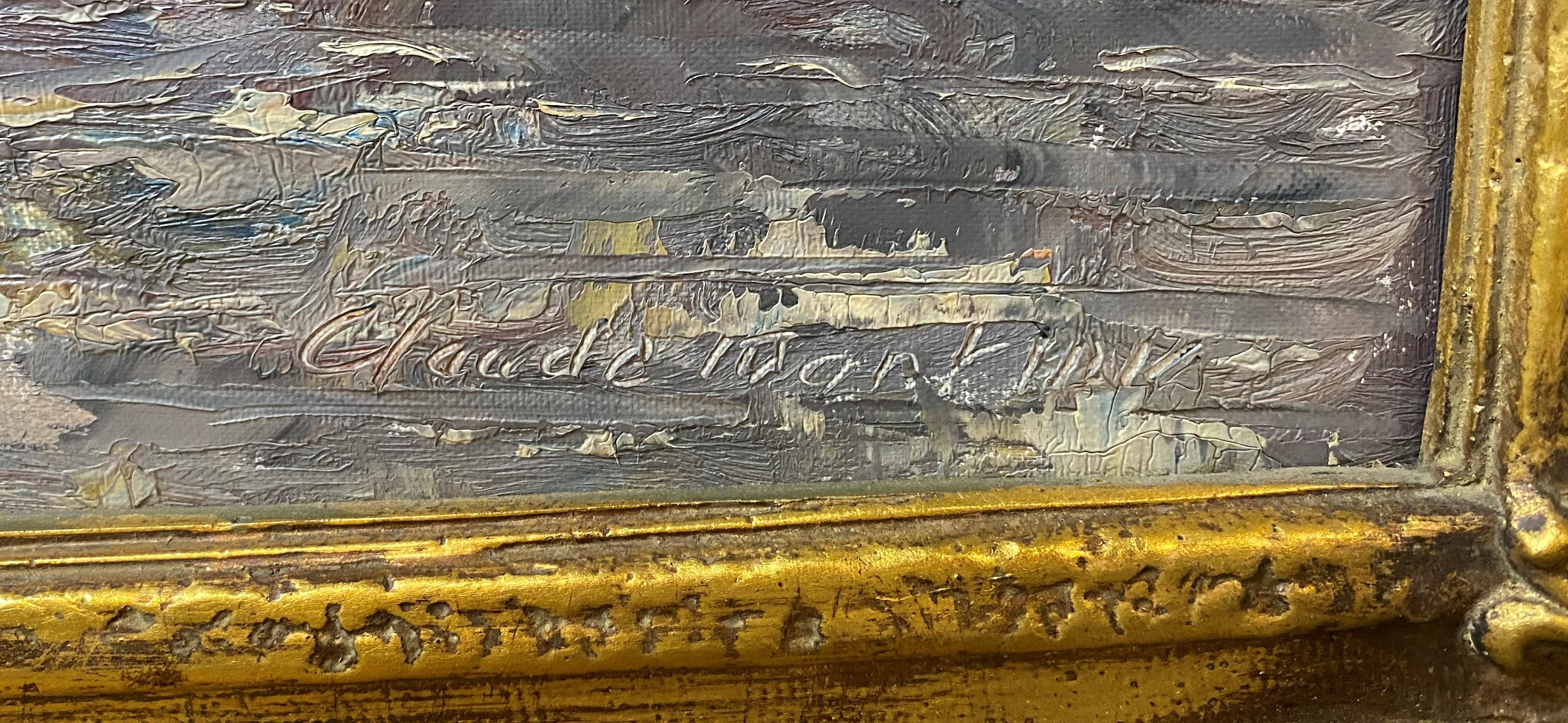 Bonito cuadro impresionista de barcos junto a un puente de París, obra del artista francés Claude Montier (n. 1900). Óleo sobre lienzo, firmado abajo a la derecha, y alojado en un marco de madera dorada tallada muy decorativo. Dimensiones: 23,5