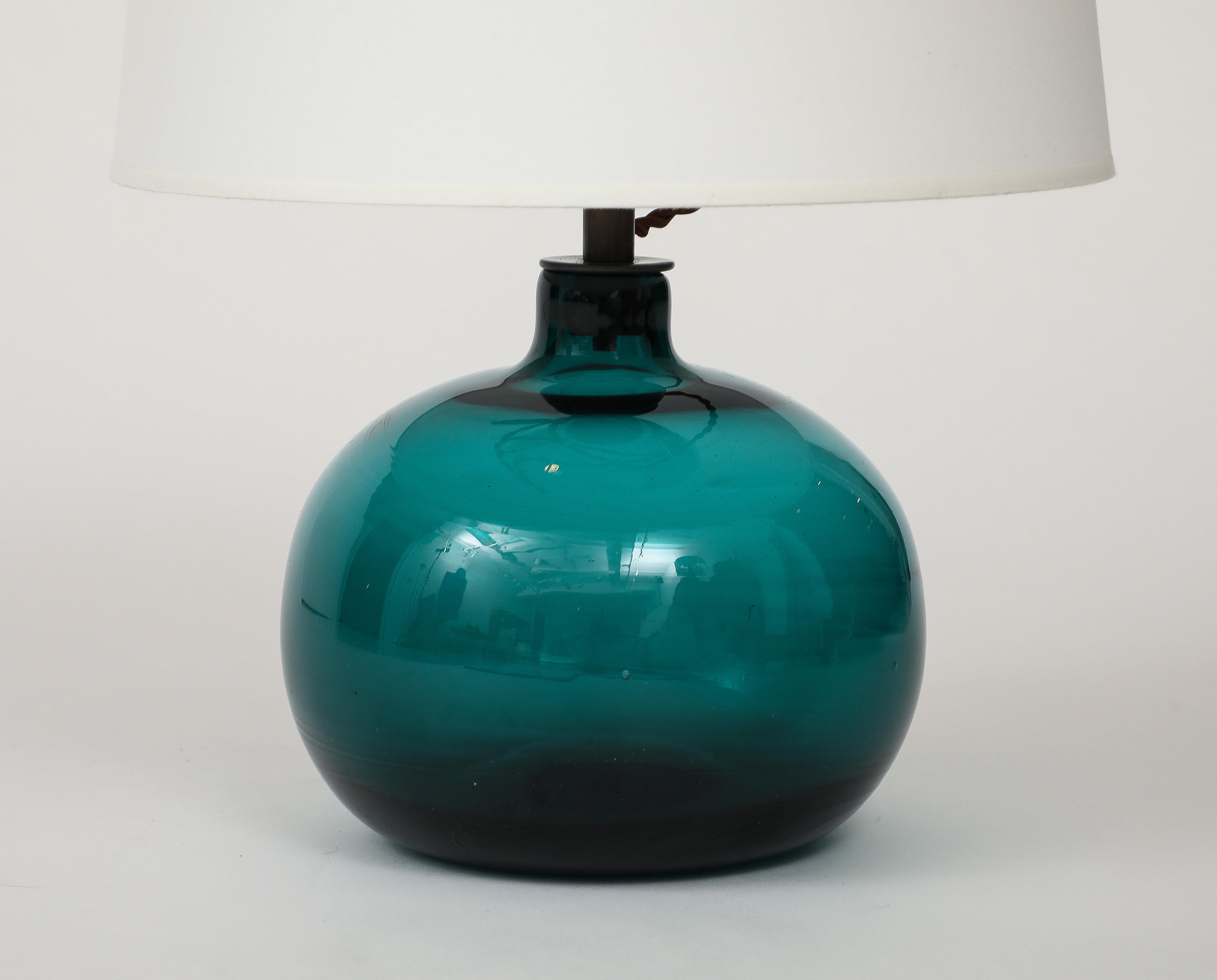 Mid-Century Modern Claude Morin Green Blown Glass Lamp, France, 1970, signed, Custom Made Shade For Sale