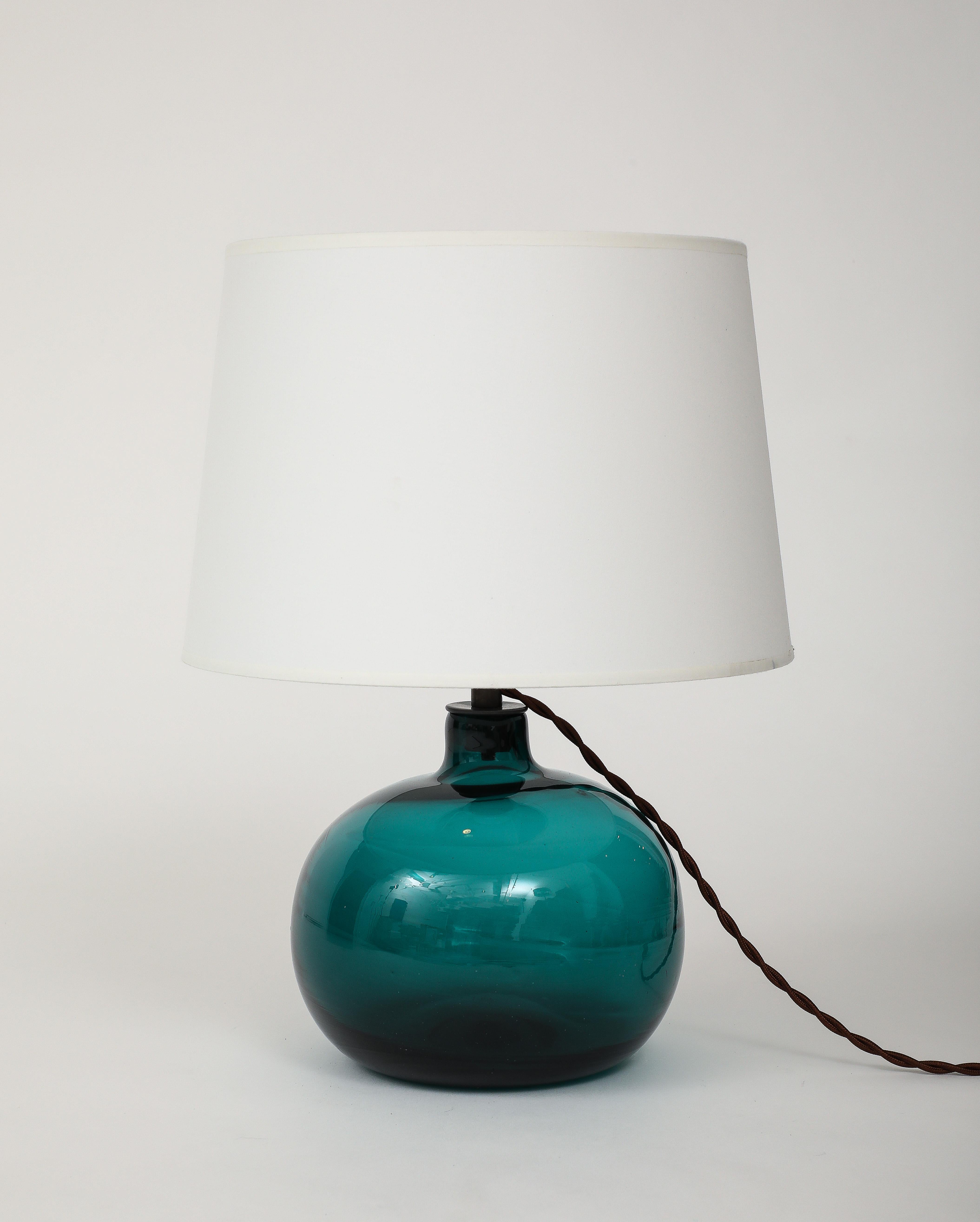 Claude Morin Green Blown Glass Lamp, France, 1970, signed, Custom Made Shade In Good Condition For Sale In Brooklyn, NY