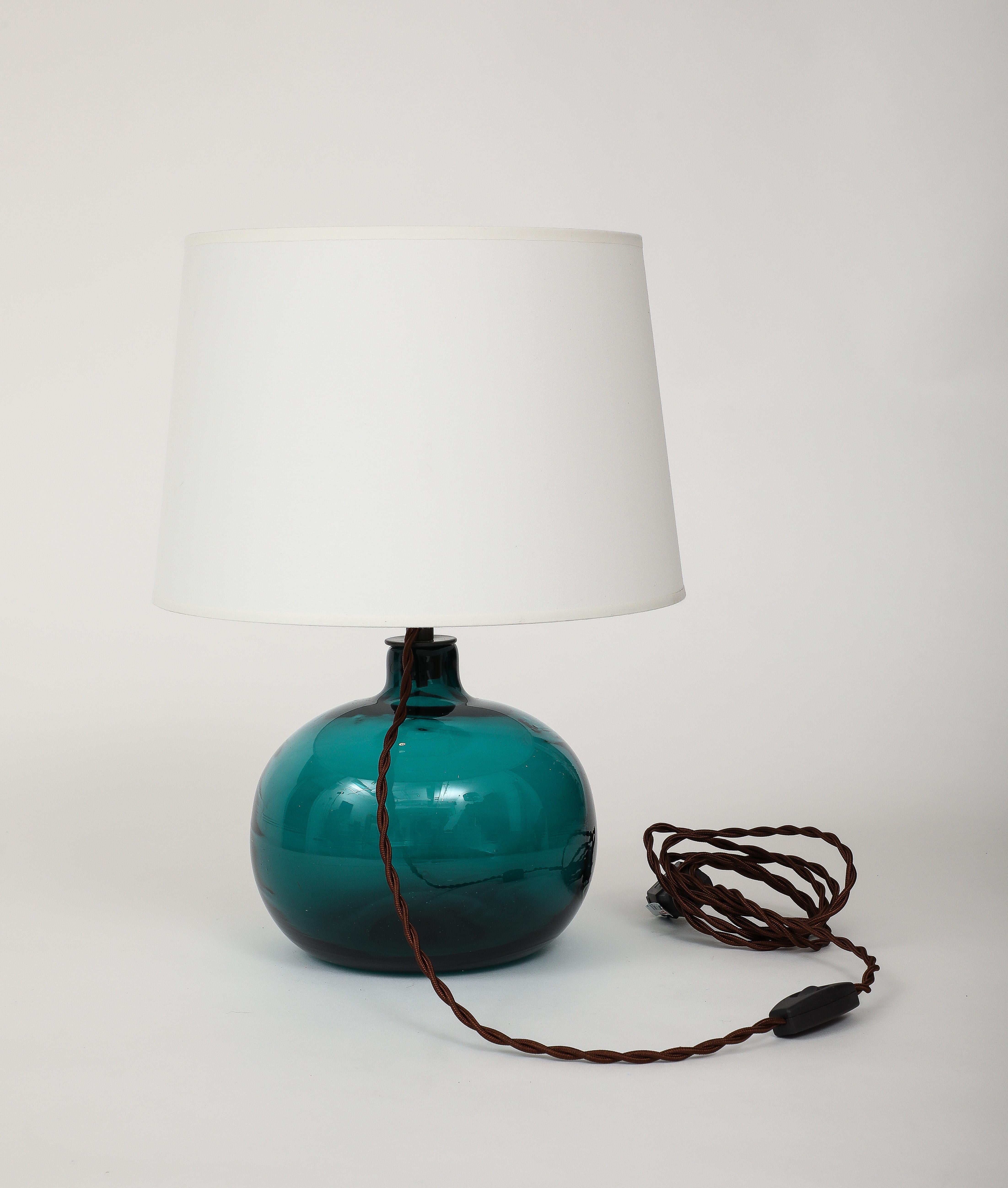 Late 20th Century Claude Morin Green Blown Glass Lamp, France, 1970, signed, Custom Made Shade For Sale