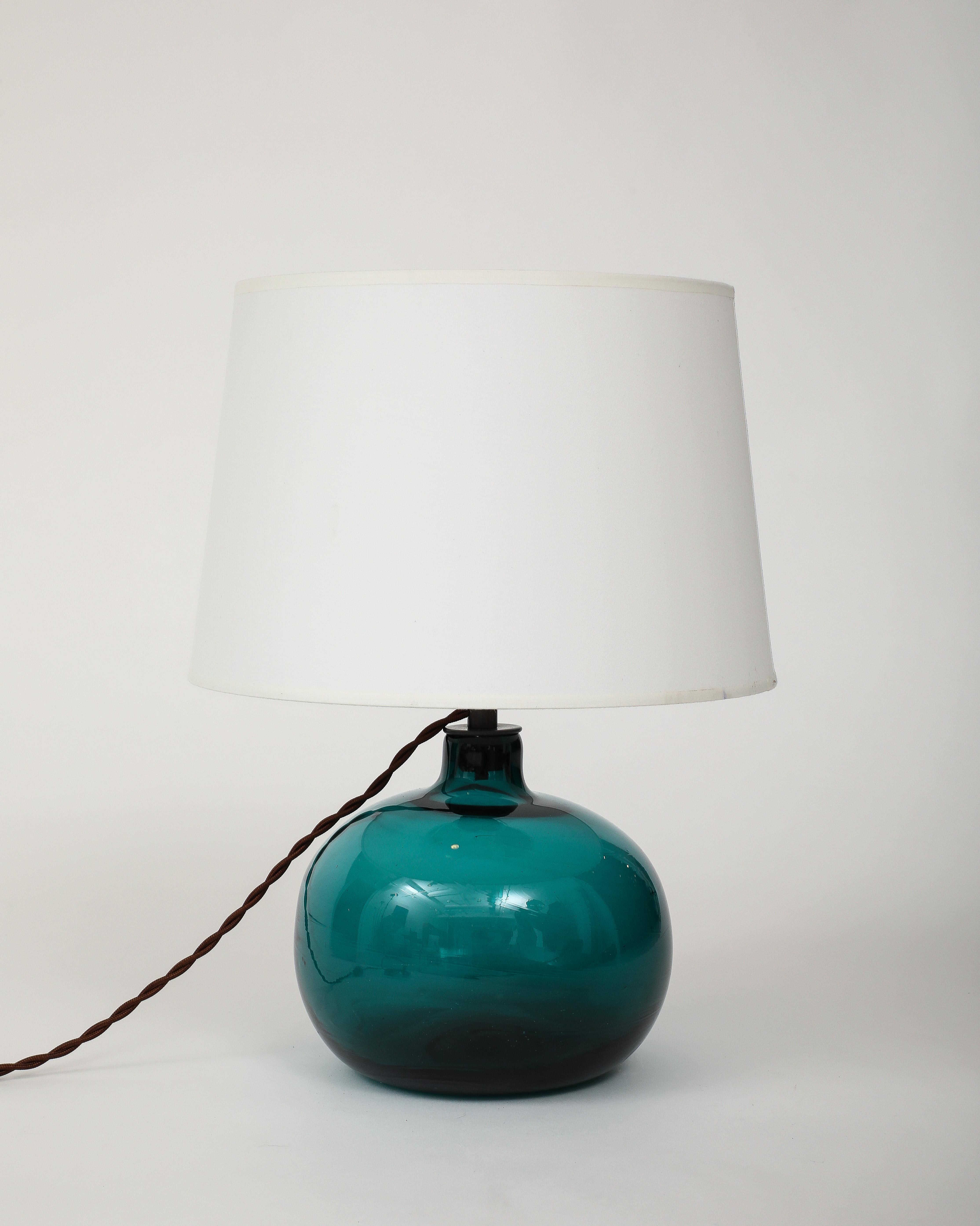 Claude Morin Green Blown Glass Lamp, France, 1970, signed, Custom Made Shade For Sale 1