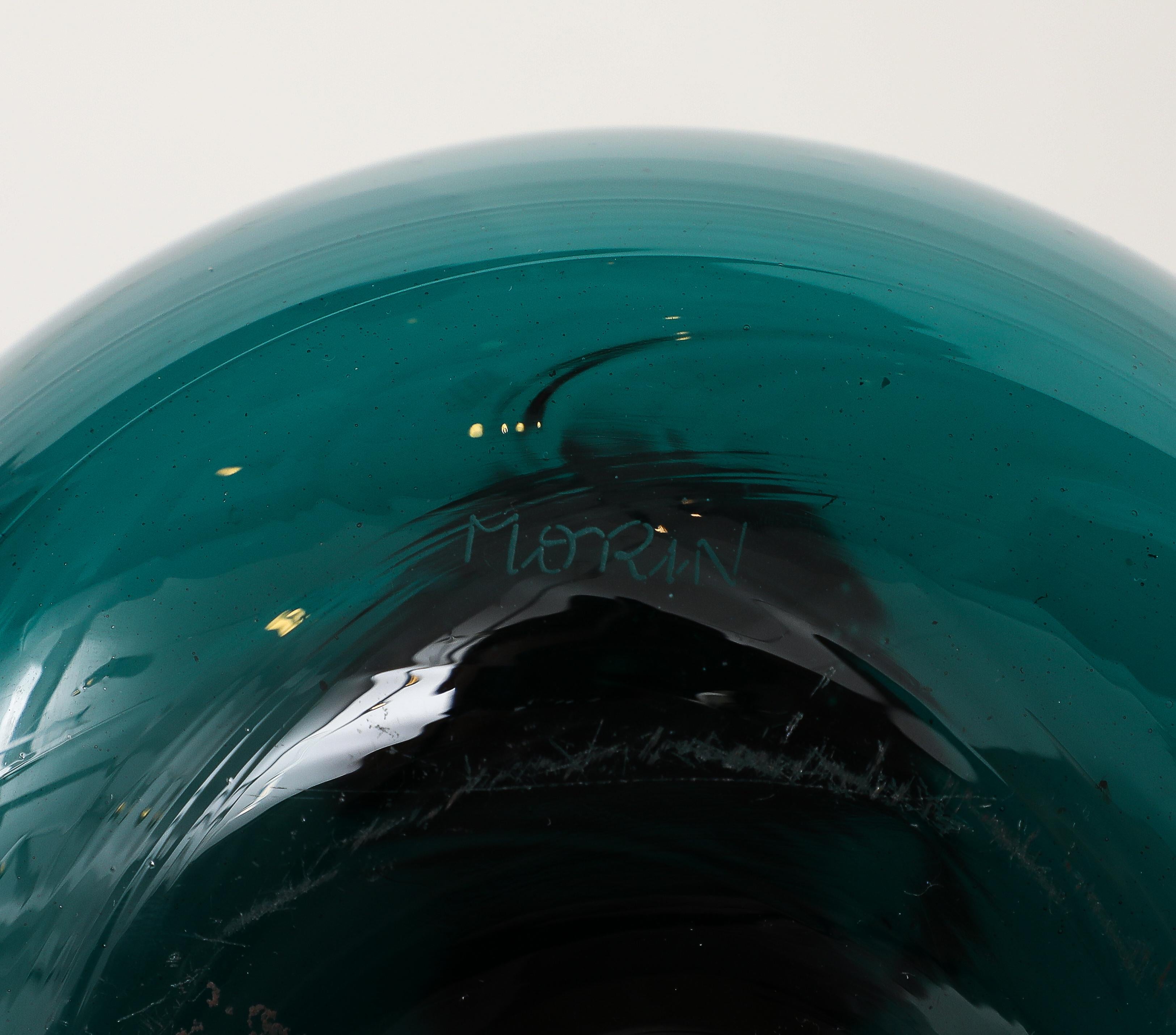 Claude Morin Green Blown Glass Lamp, France, 1970, signed, Custom Made Shade For Sale 3