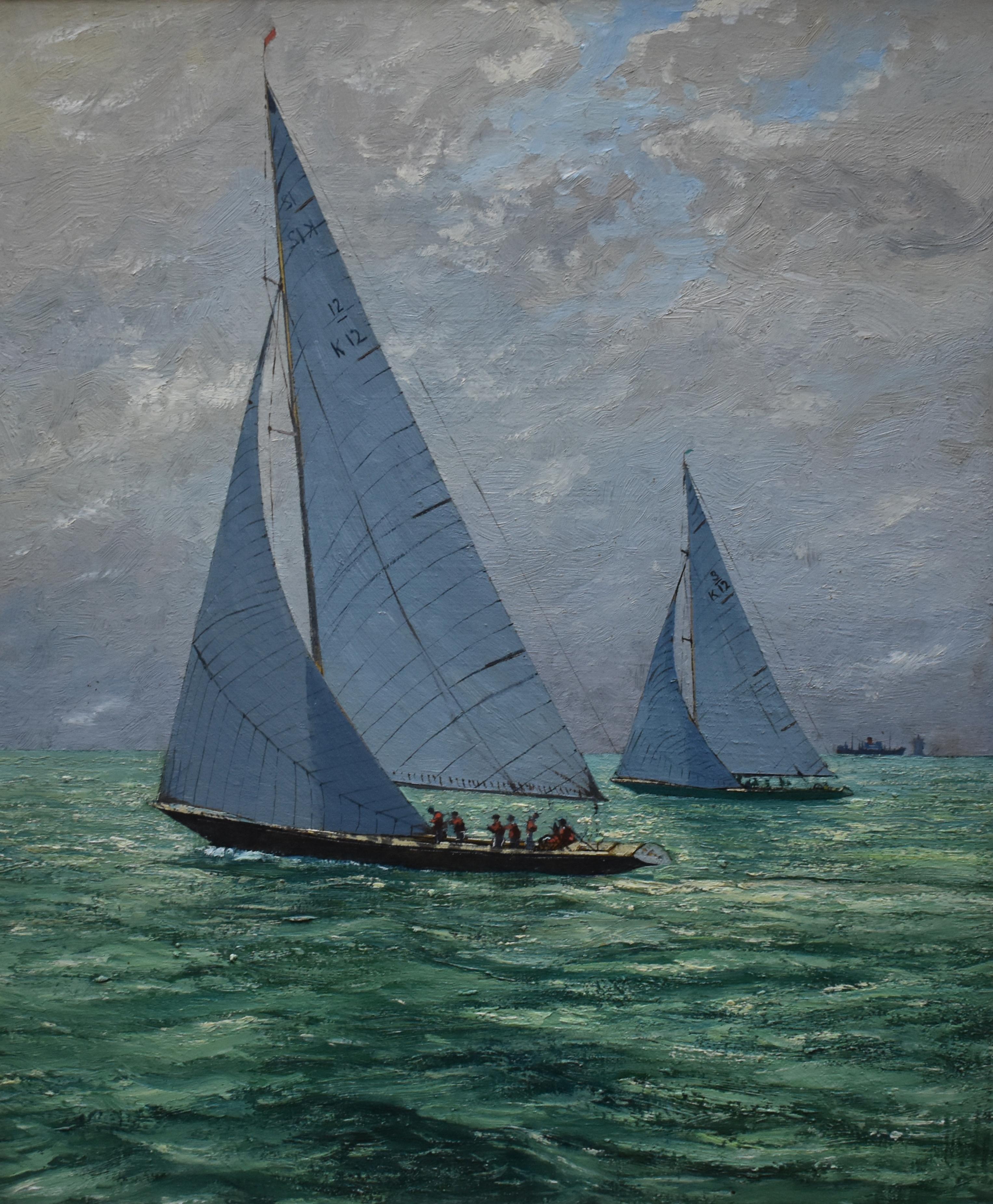 Sovereign and Kurrewa America’s Cup Interest Oil Painting - Gray Landscape Painting by Claude Muncaster