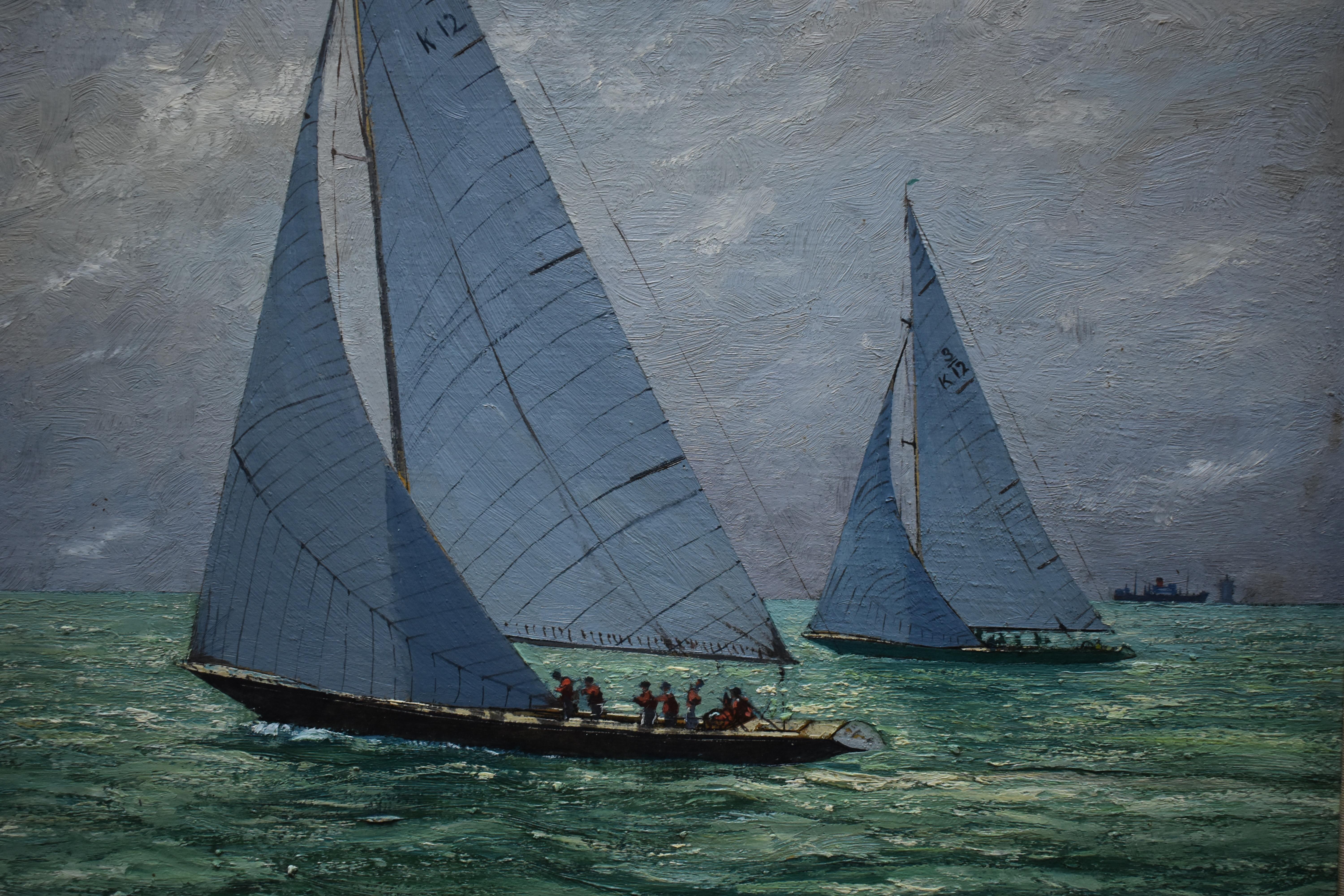 Claude MUNCASTER (1903-1974) Sovereign and Kurrewa America’s Cup Interest Oil Painting

A sparkling depiction of the yachts Sovereign and Kurrewa in the 12 meter trial to determine the cup challenger. 

Inscribed verso:
Rough Sketch
 “Sovereign and