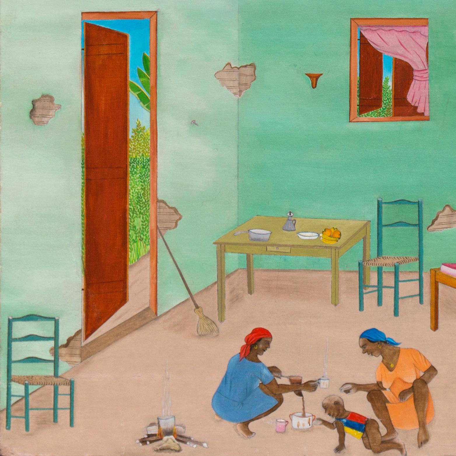 « Making Coffee, Cap Haitien », huile haïtienne, Brooklyn, New York, Port-au-Prince - Artisanat Painting par Claude Obin